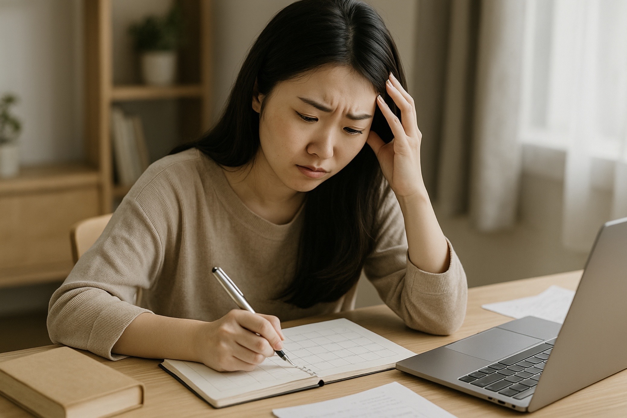 学習計画のカレンダーをノートに書き込みながら悩んでいる日本人女性の勉強風景