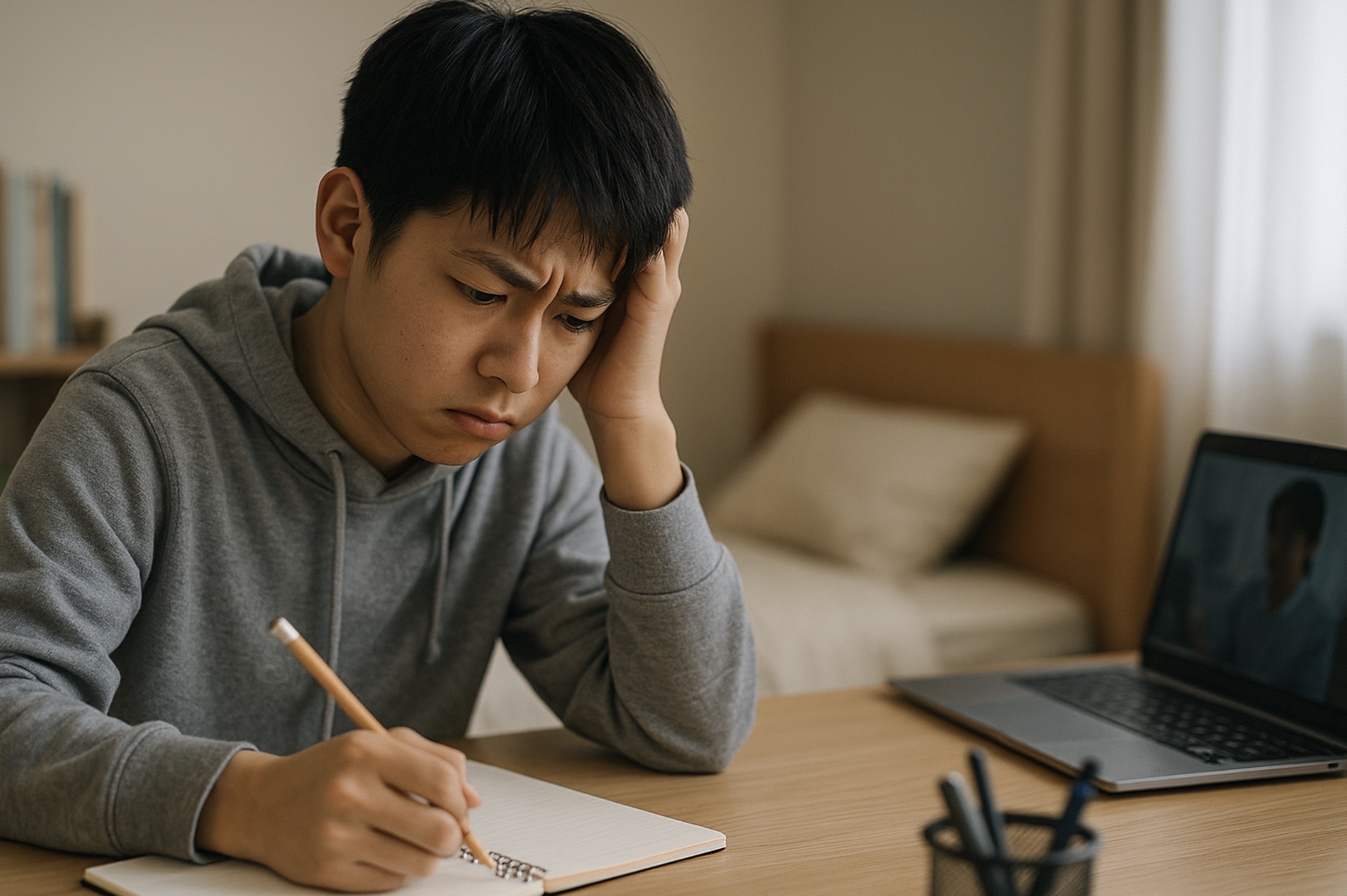 オンライン指導のサポートを受けながら集中して勉強し成績アップを目指す日本人男子中学生の様子