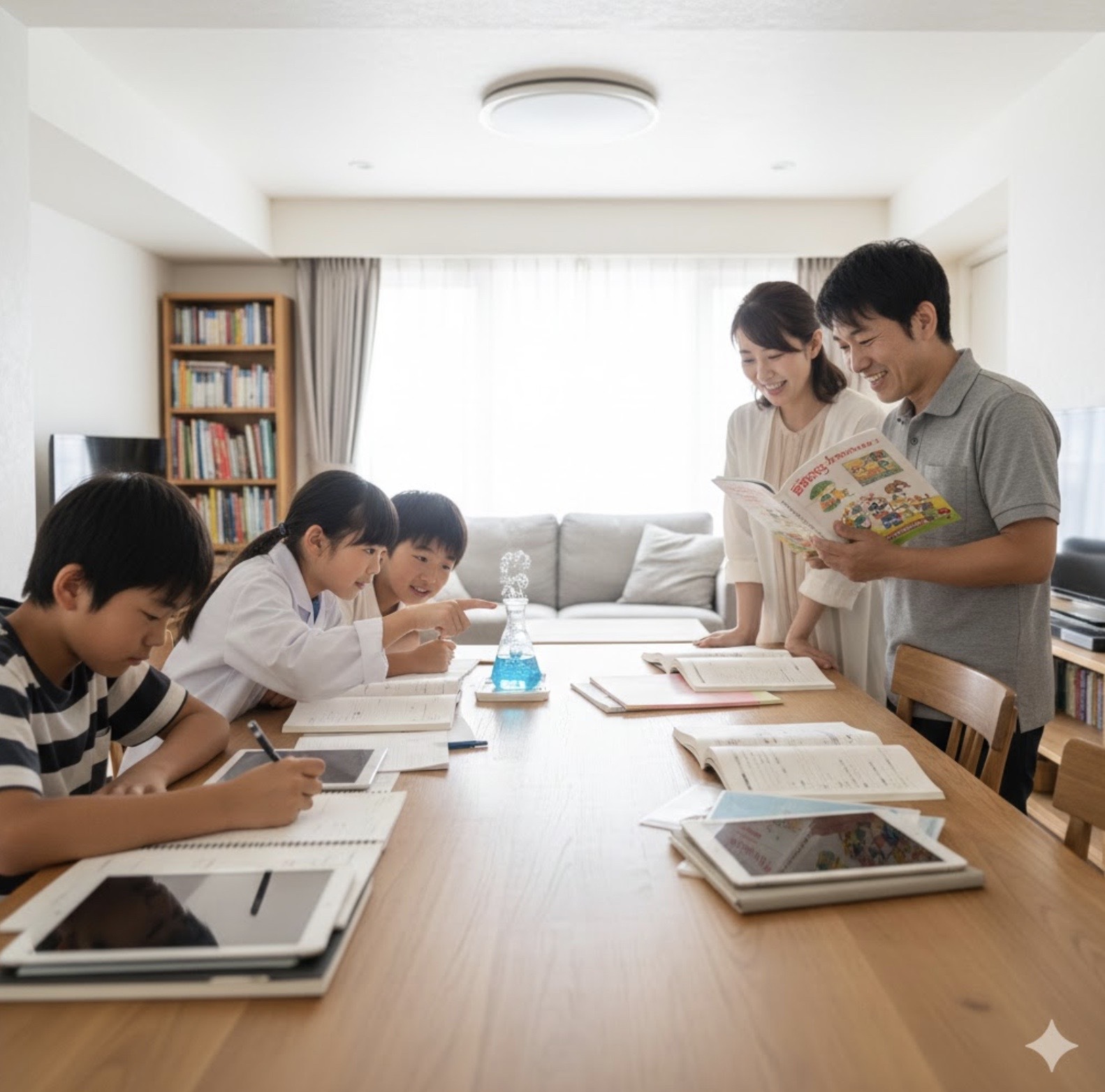 ダイニングテーブルで、日本の小学生の兄妹が理科の実験キットとZ会の教材を使って積極的に学んでいる。親が後ろから温かく見守り、笑顔で子供たちの学習をサポートしている。