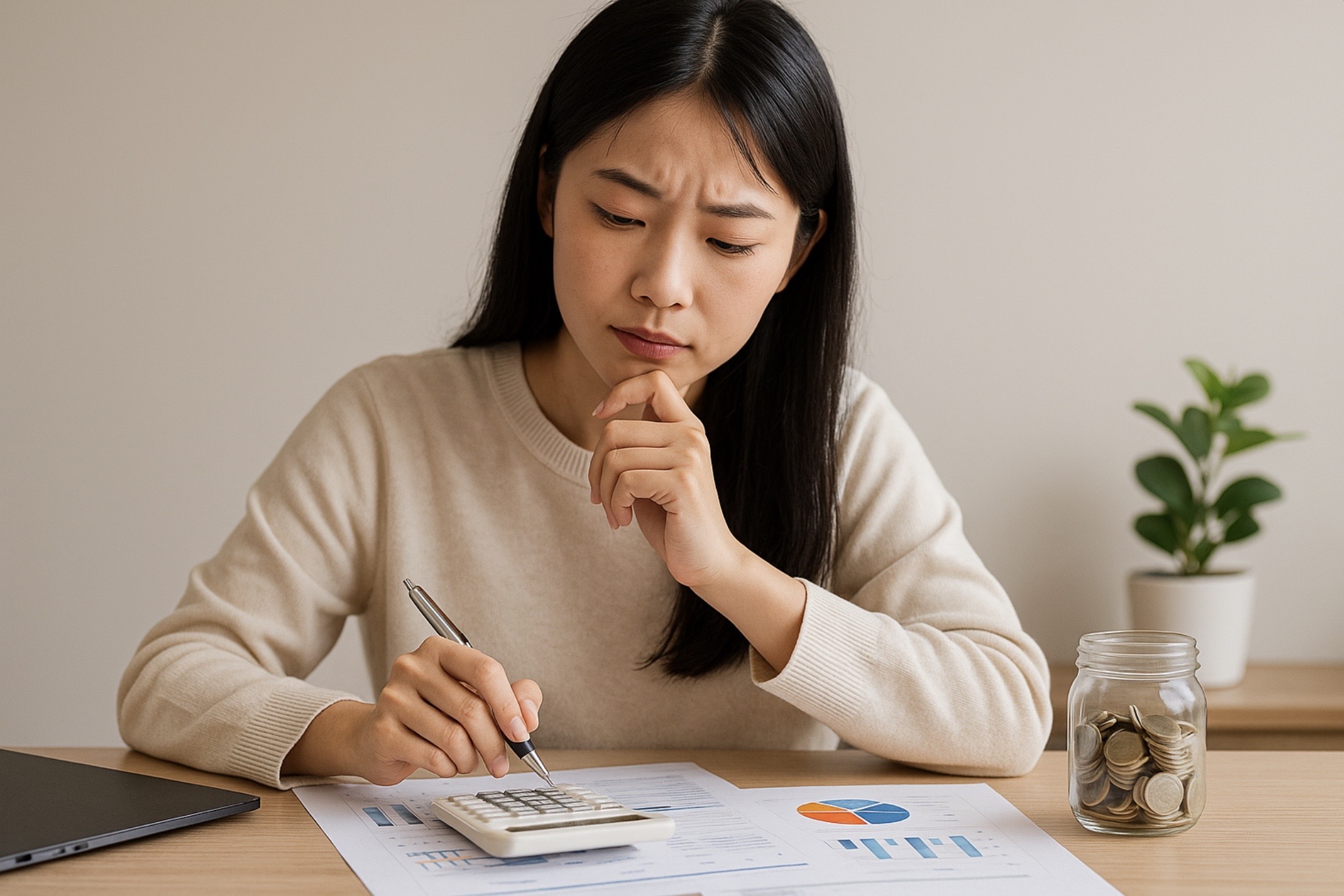 教材費など学習コストを資料を見ながら電卓で計算する日本人女性