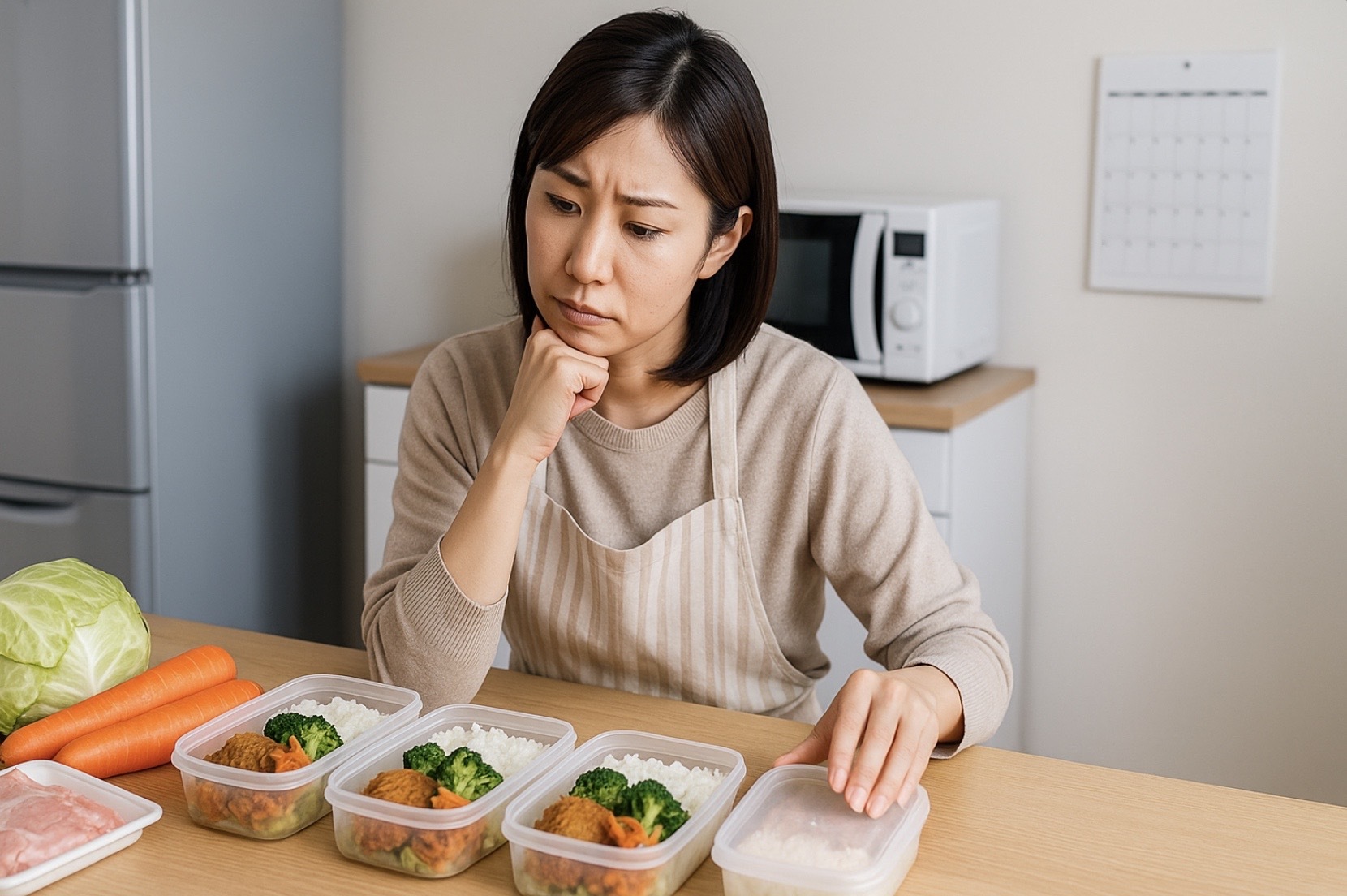 日本人女性がモダンなキッチンで、4つの保存容器に同量の料理を小分けしながら保存期間に悩んでいる様子。野菜や肉の材料が並び、清潔感ある16:9の高解像度イメージ