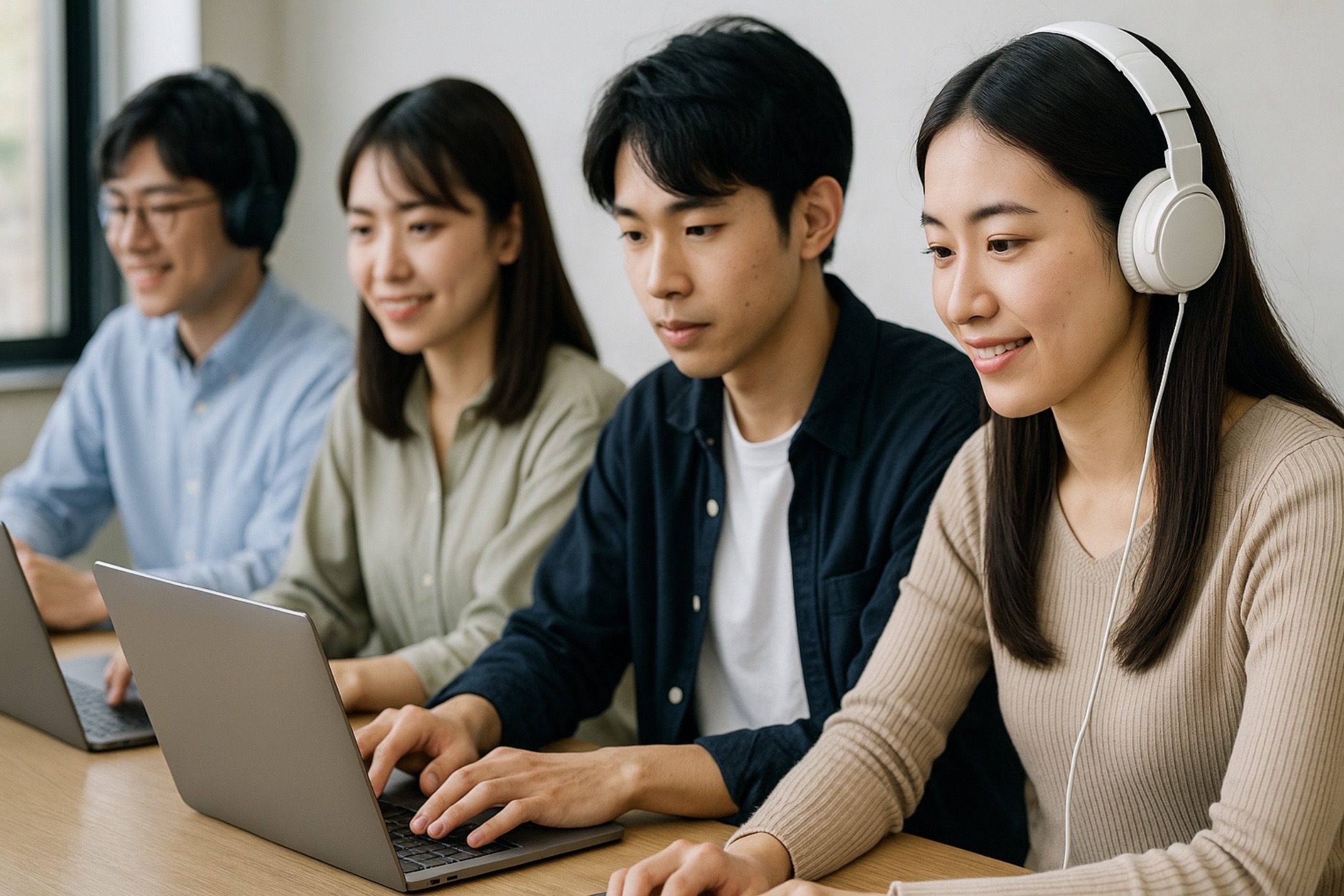 複数の日本人大学生がオンライン指導の準備をしながら並んでノートパソコンに向かっている様子