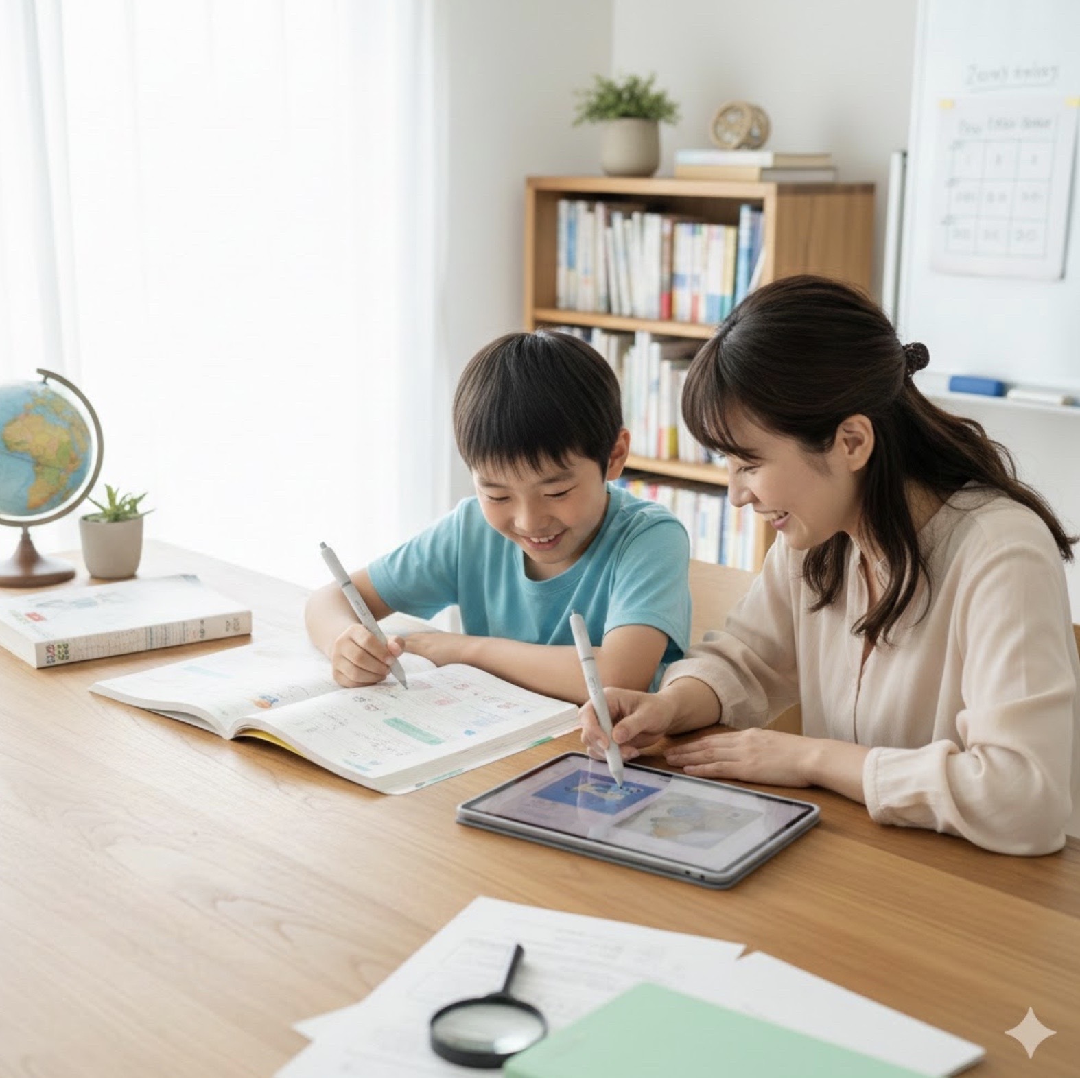 リビングの木製テーブルで、笑顔の母親が隣で優しく見守る中、日本の小学生の男の子がZ会の教材とタブレットを使って学習している様子