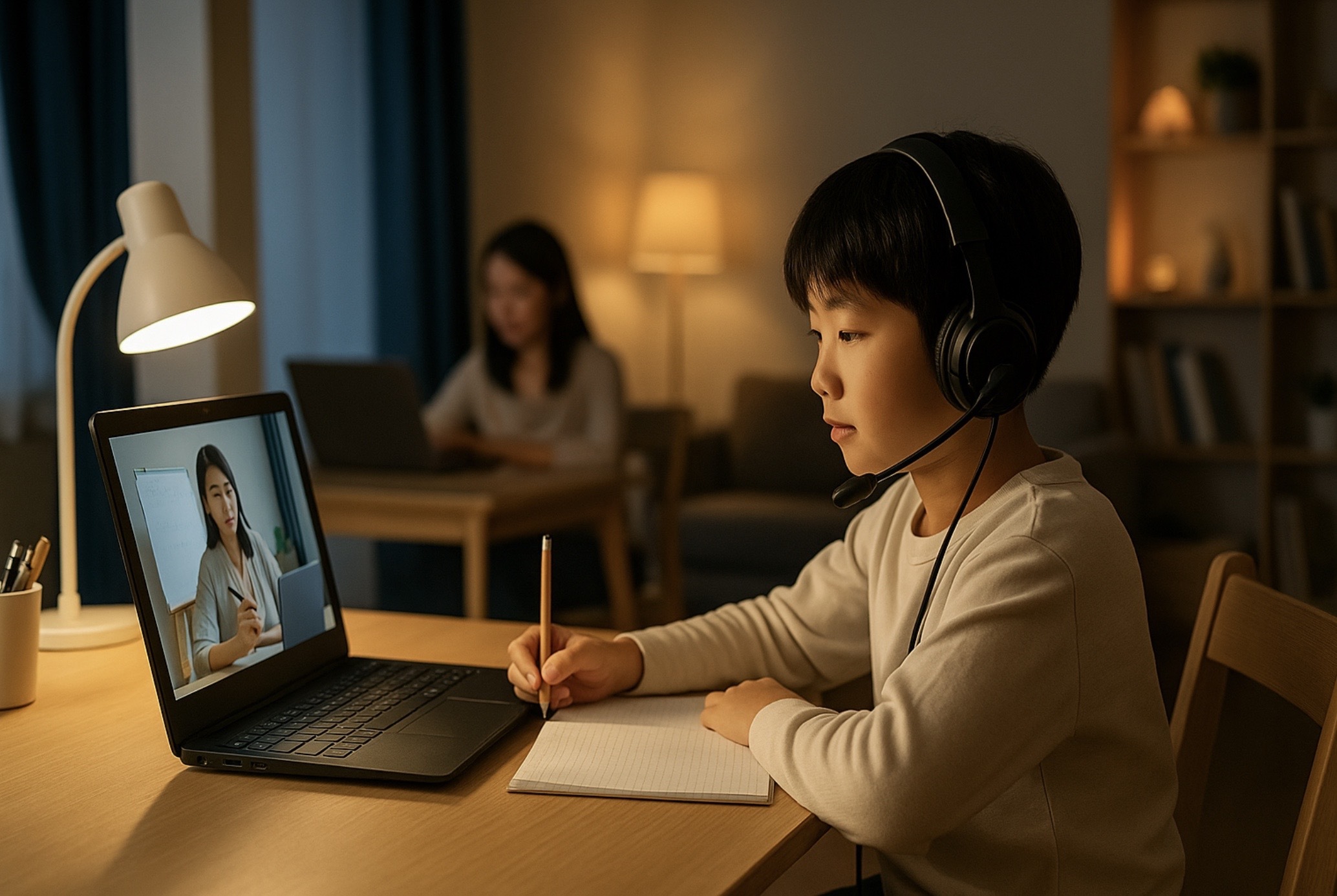 夜のリビングで日本人の小学生がヘッドセットを着けてノートを取りながらノートPCのオンライン授業を受け、背景で母親が静かに仕事をする、自宅学習環境の整った様子を表すイメージ