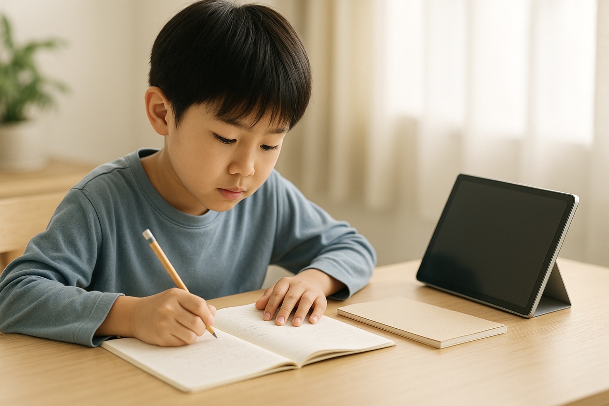 通信教育と基礎ドリルを組み合わせて塾なし受検に取り組む日本人小学生の家庭学習