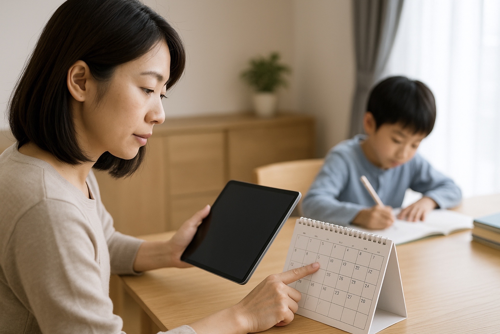 通信教育での受検対策を支える保護者が学習計画を管理し子どもを見守る家庭の様子