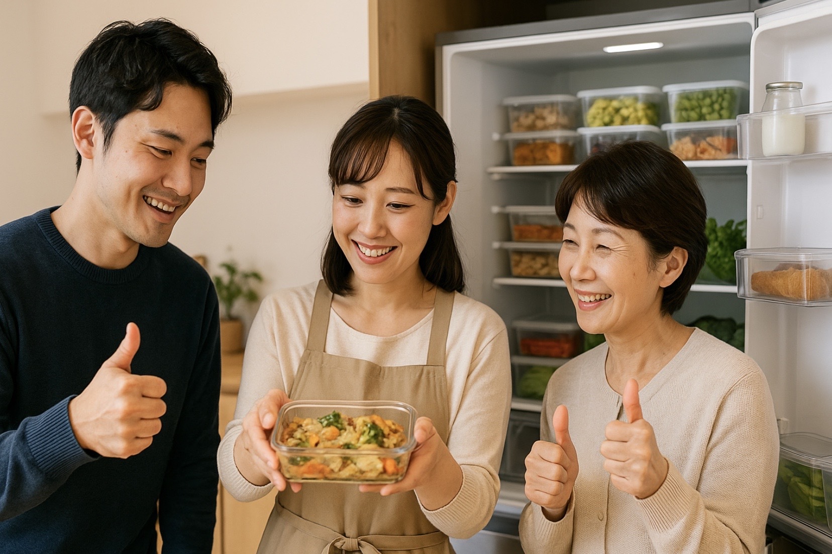 日本人の家族が整然とした冷蔵庫の前で保存容器の料理を手に笑顔とサムズアップで評価している様子。清潔感あるキッチン、16:9の高解像度で冷蔵保存の利点と満足度を表現