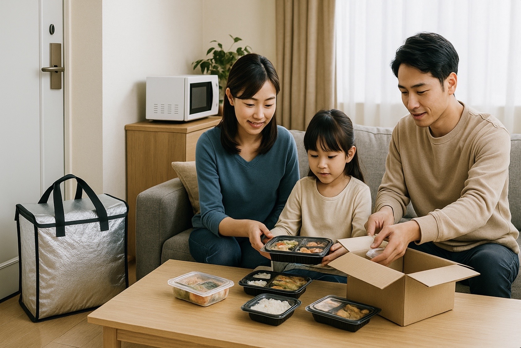 日本人の家族がリビングで宅食の容器を箱から取り出し、電子レンジや保冷バッグをそばに置いて夕食準備を進める様子