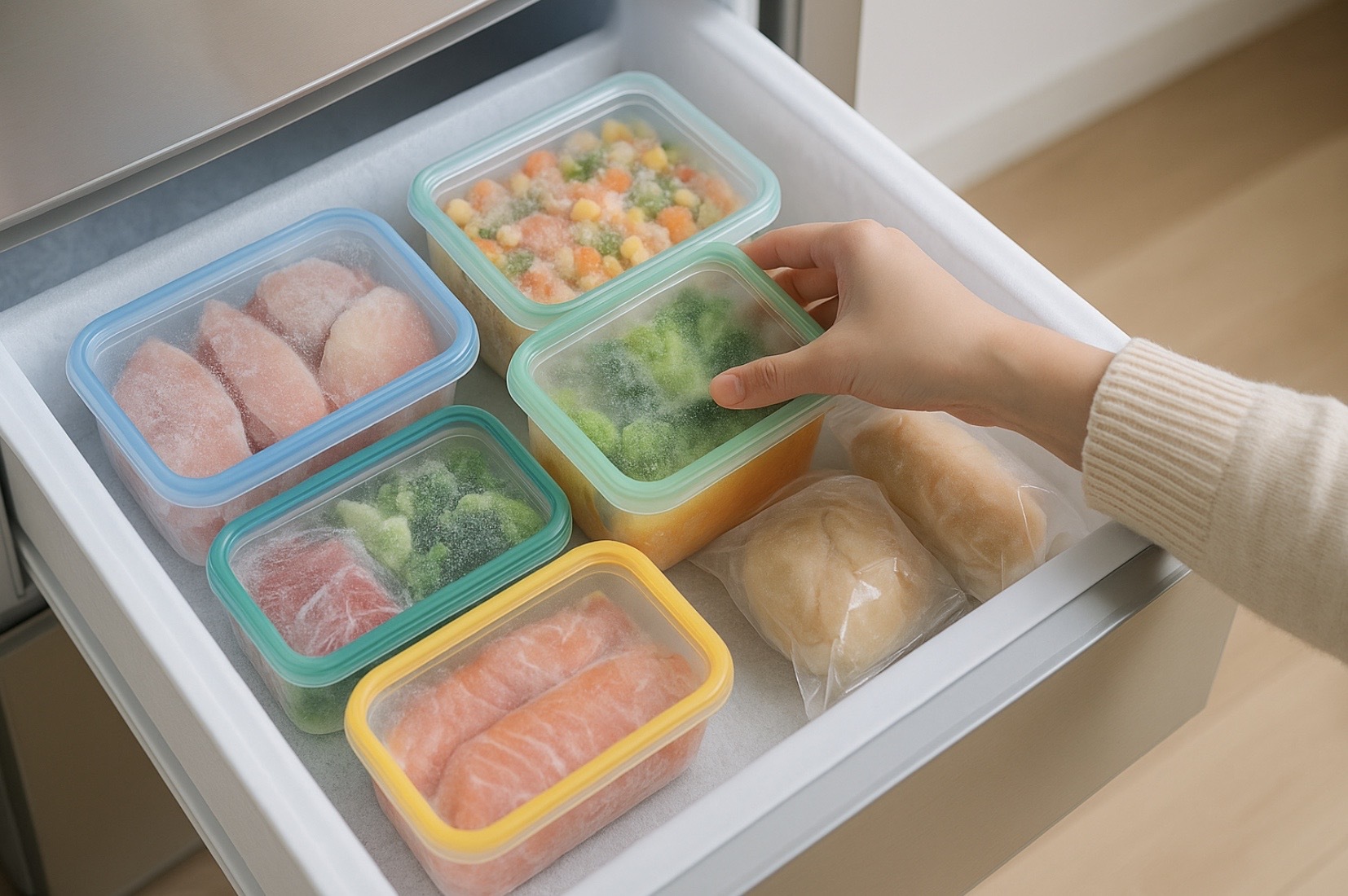 日本の家庭の冷凍庫の引き出しに、肉・魚・野菜・パン・スープが小分けの密閉容器で整然と並ぶ様子。手が容器を入れており、霜がついた高解像度の16:9イメージで清潔感と保存状態を表現。