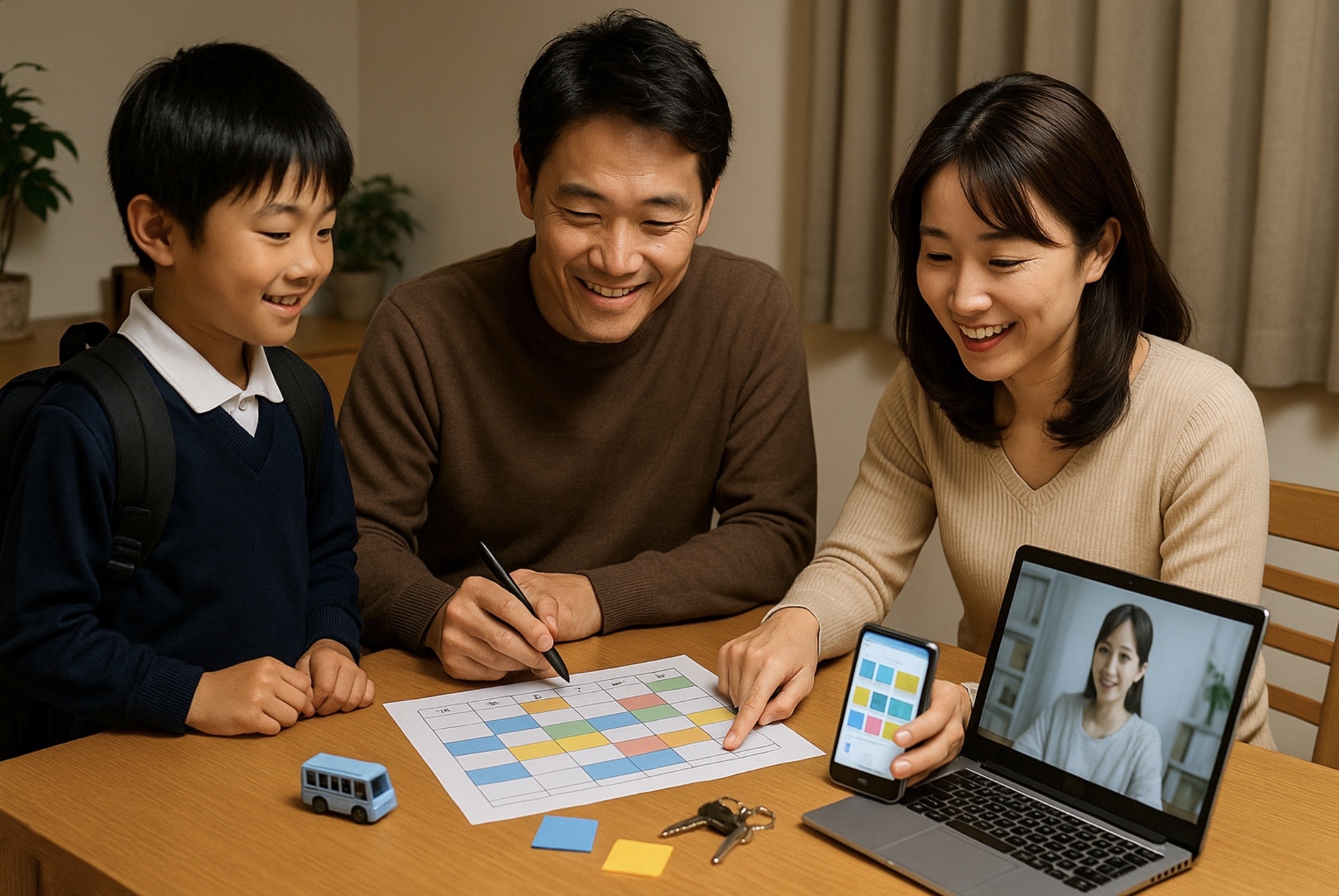日本人の夫婦が自宅のテーブルで色分けしたスケジュール表とスマートフォンを見ながら予定を調整し、横でランドセルを背負った子どもが笑顔で見守る、ハイブリッド運用の計画づくりを表すイメージ