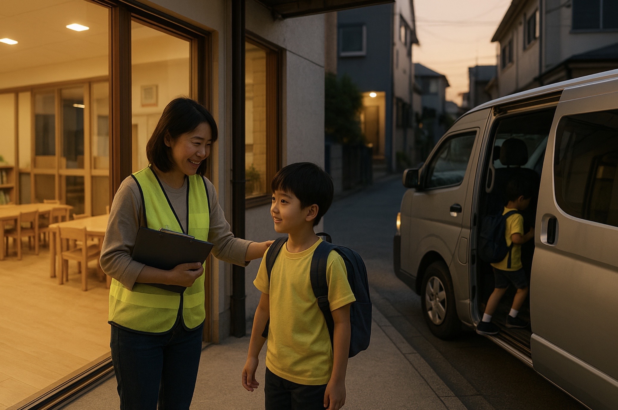 夕暮れの日本の住宅街で民間学童のスタッフが反射ベストを着用し、ランドセルを背負った子どもを安全に送迎用ワゴンへ案内する様子を捉えたイメージ