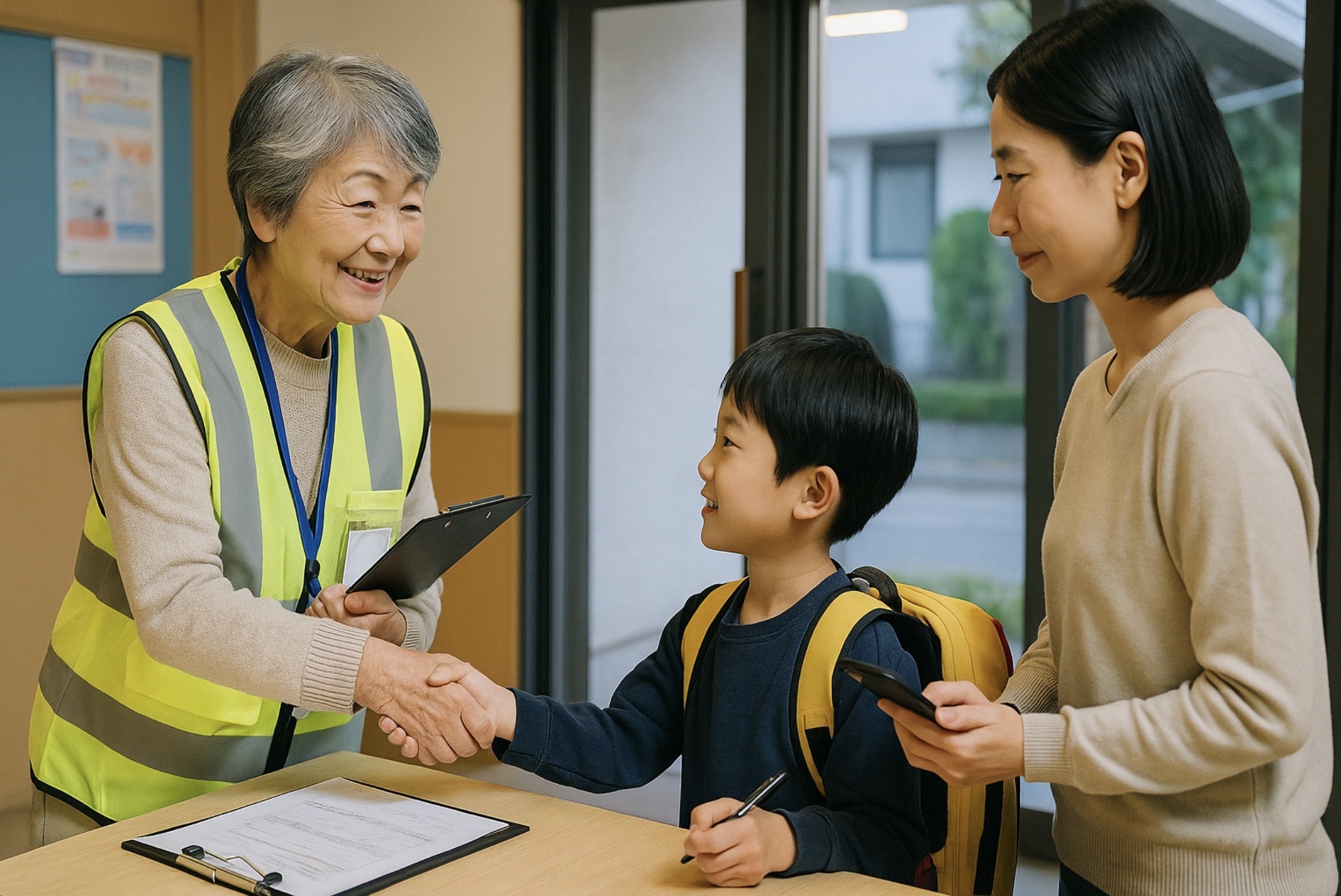 地域施設の受付で反射ベストを着たボランティアの高齢女性が日本人の小学生と握手し、母親が手続きを見守る、登録と引き継ぎの安心感を表すイメージ