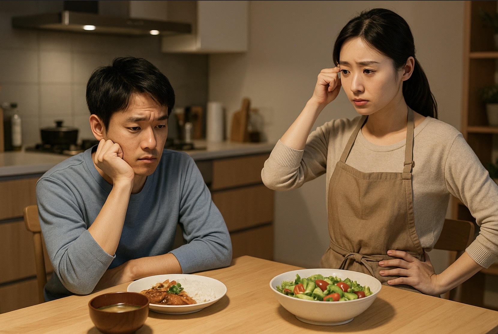 木目のカウンターに一週間分を想起させる食材を整然と配置し、タブレットで計画を立てる日本人カップルの俯瞰イメージ