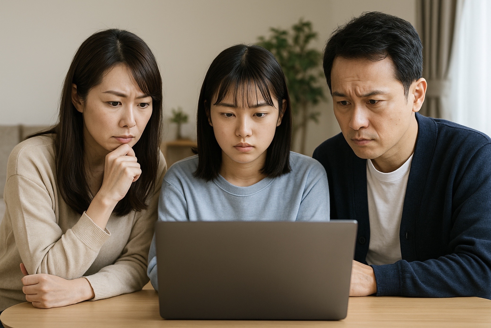 オンライン家庭教師トウコベの口コミや評判をパソコンで真剣に確認する日本人の家族の写真