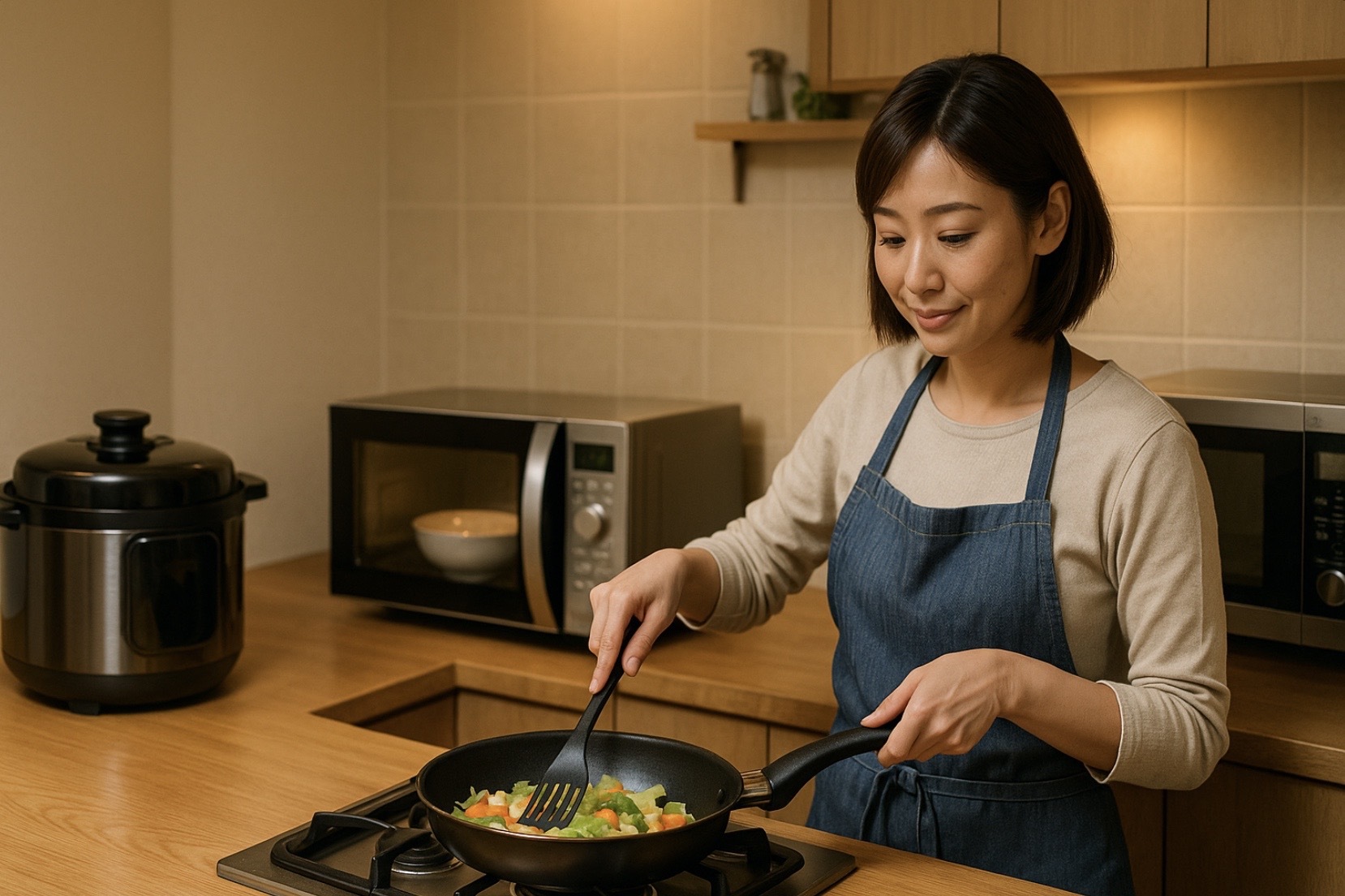 日本人女性が現代的なキッチンでフライパンを使い、電気圧力鍋や電子レンジと並行して時短調理を行う様