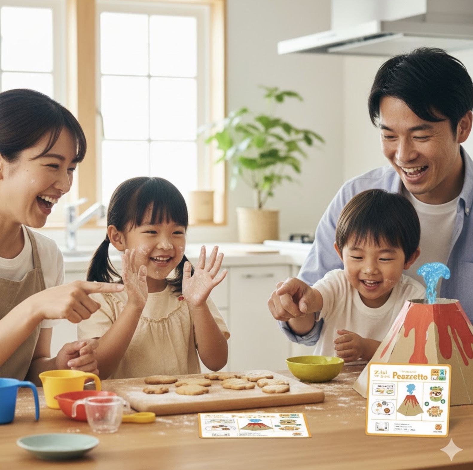 明るいキッチンで、日本の家族4人がZ会の幼児教材「ぺあぜっと」を使って楽しく火山噴火の実験やクッキー作りをしている。子どもたちは顔に粉をつけながら満面の笑顔で活動に参加し、両親も一緒に笑いながら見守っている