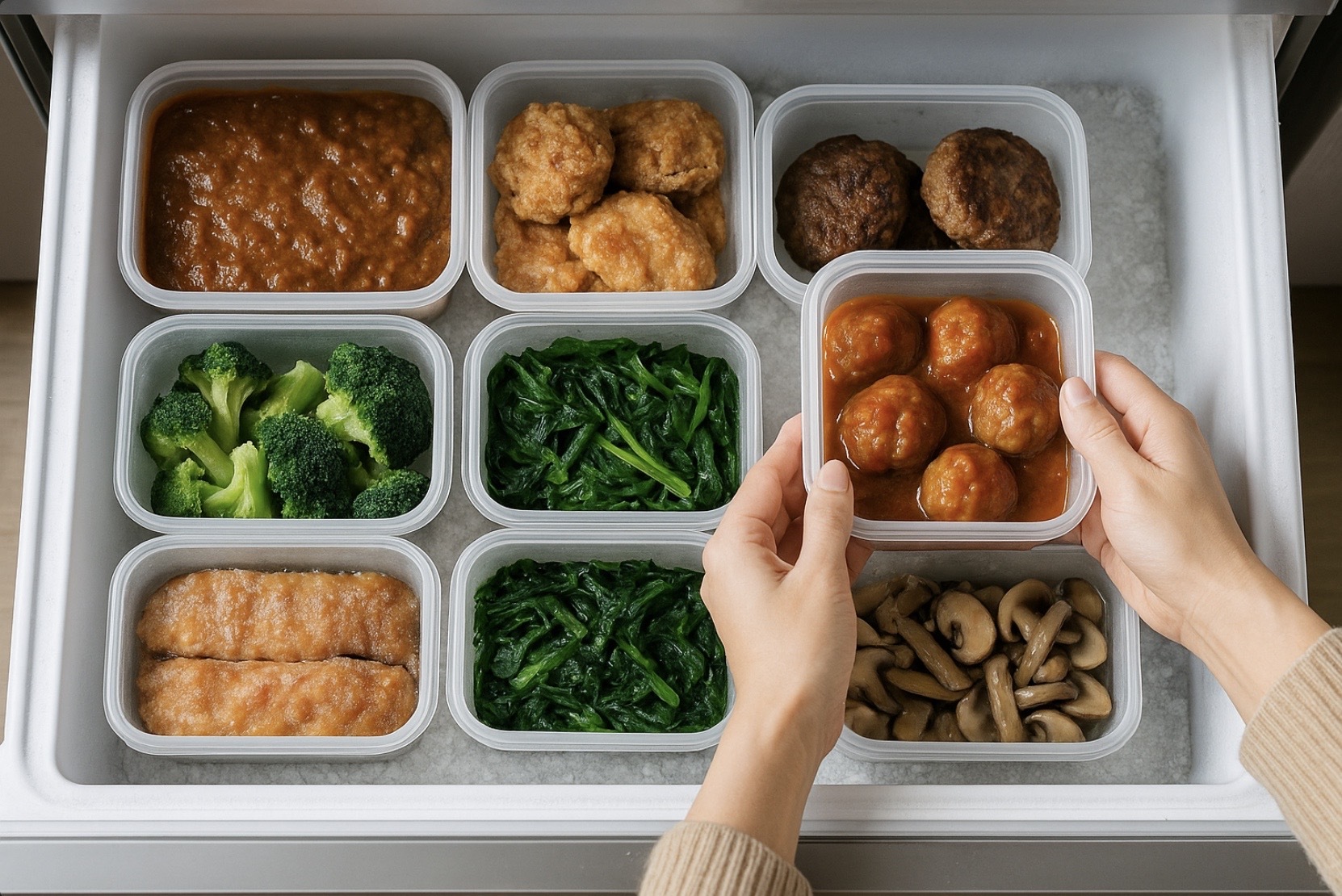 冷凍庫の引き出しに自家製の作り置きを小分け容器で整然と並べ、手が一つの容器を配置している俯瞰イメージ