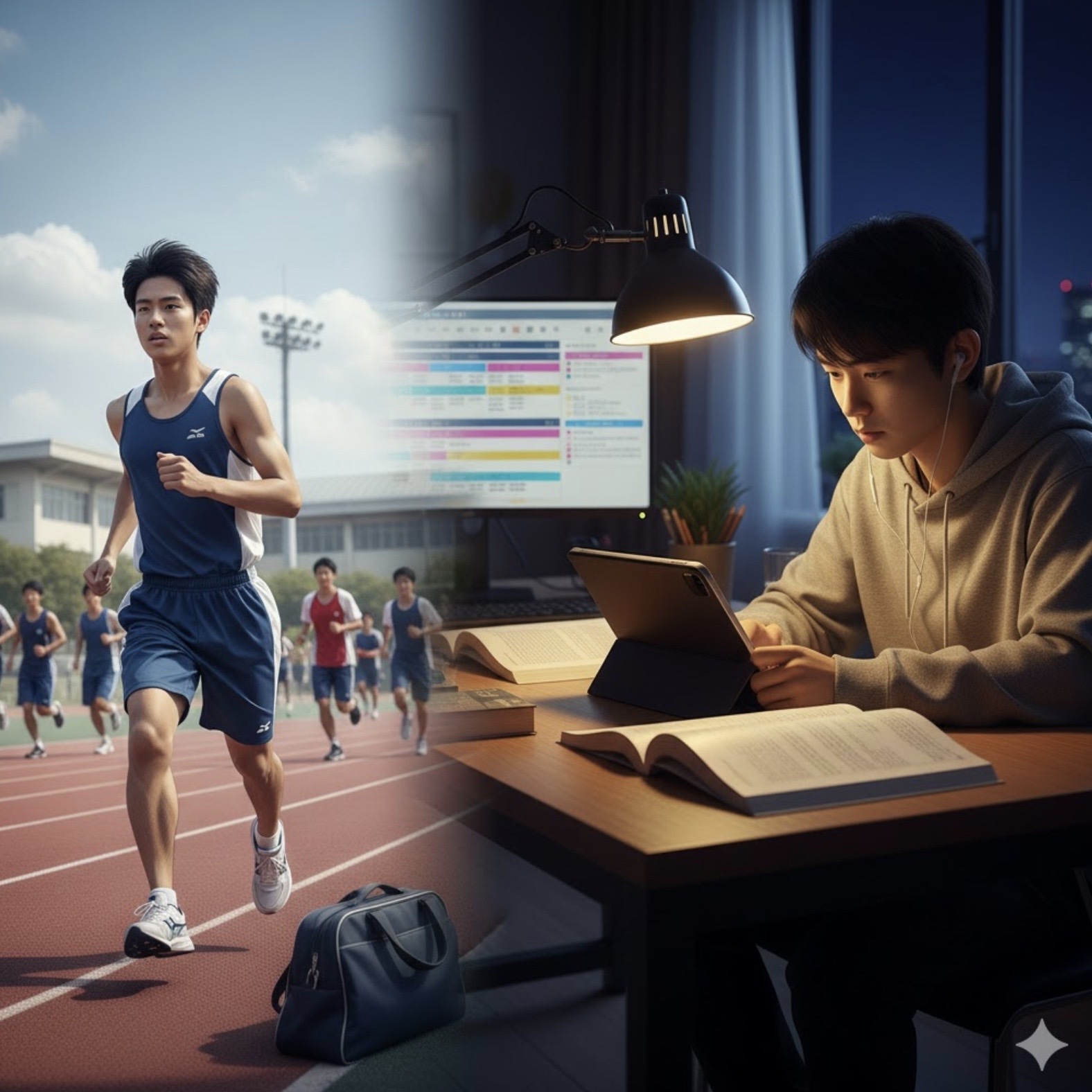 陸上競技場で部活に励む男子中学生と、夜に自宅でZ会のタブレット教材で学習する同じ男子中学生のコラージュ。部活動と学習の両立を示す
