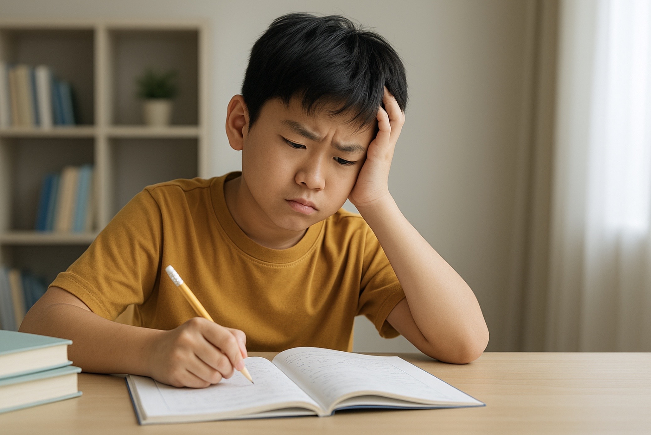 公立中高一貫校の適性検査対策で難しい問題に取り組み苦戦する小学生の学習風景