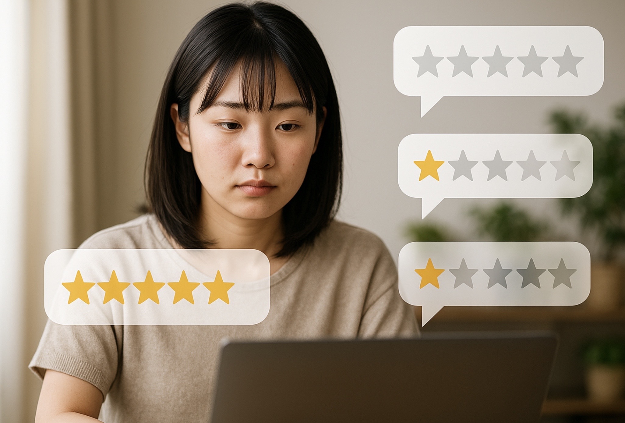 ノートパソコンでオンライン講師のレビューを見ながら講師ごとの評価の違いに悩む日本人女性と星評価アイコンの合成イメージ