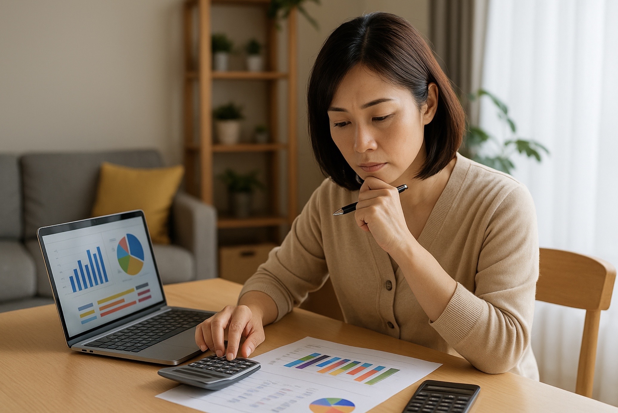 オンライン家庭教師サービスの料金と講師の質をグラフと電卓で丁寧に比較している日本人女性の写真