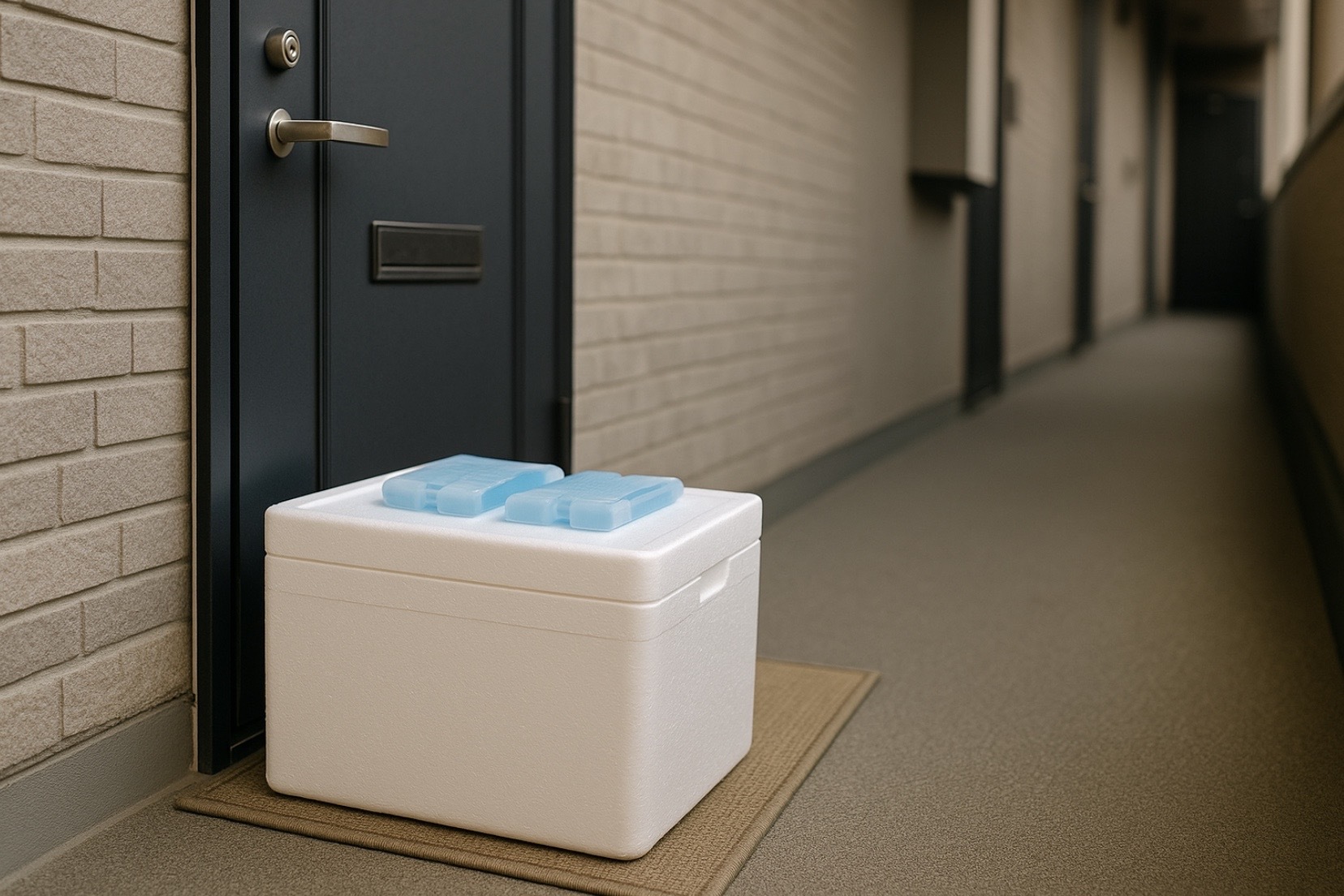 集合住宅の玄関前に置かれた保冷ボックスと保冷剤。置き配で受け取れる地域密着型宅配のイメージ
