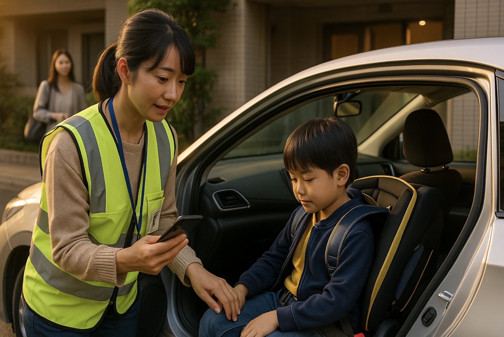 夕方のマンション前で反射ベストを着た日本人の送迎シッターが小学生をチャイルドシートに安全に座らせ、母親が見守るドアツードア送迎の様子を捉えたイメージ