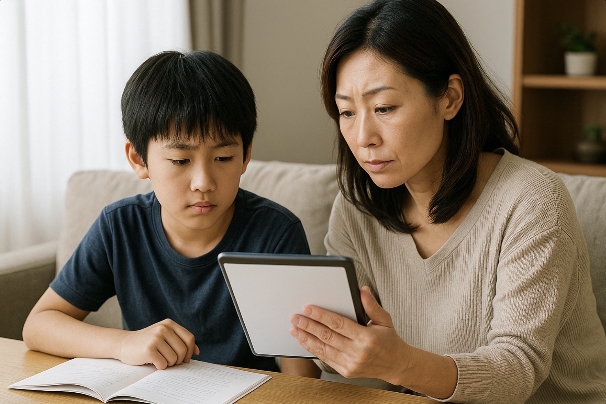 公立中高一貫受検について親子で疑問を確認し学習方針を話し合う相談シーン