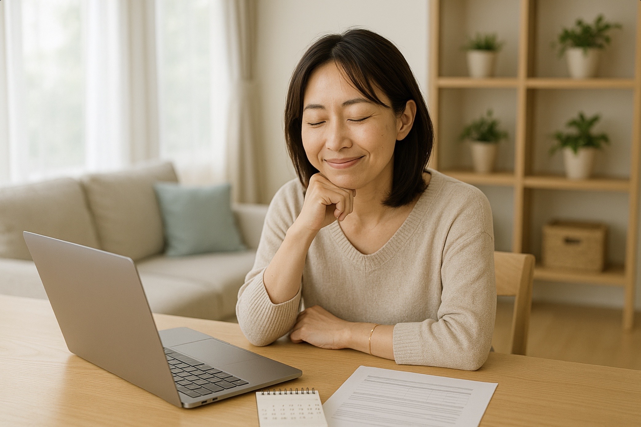 ノートパソコンと書類を前に安心した表情で座る日本人女性の写真 返金保証や解約条件に納得している様子