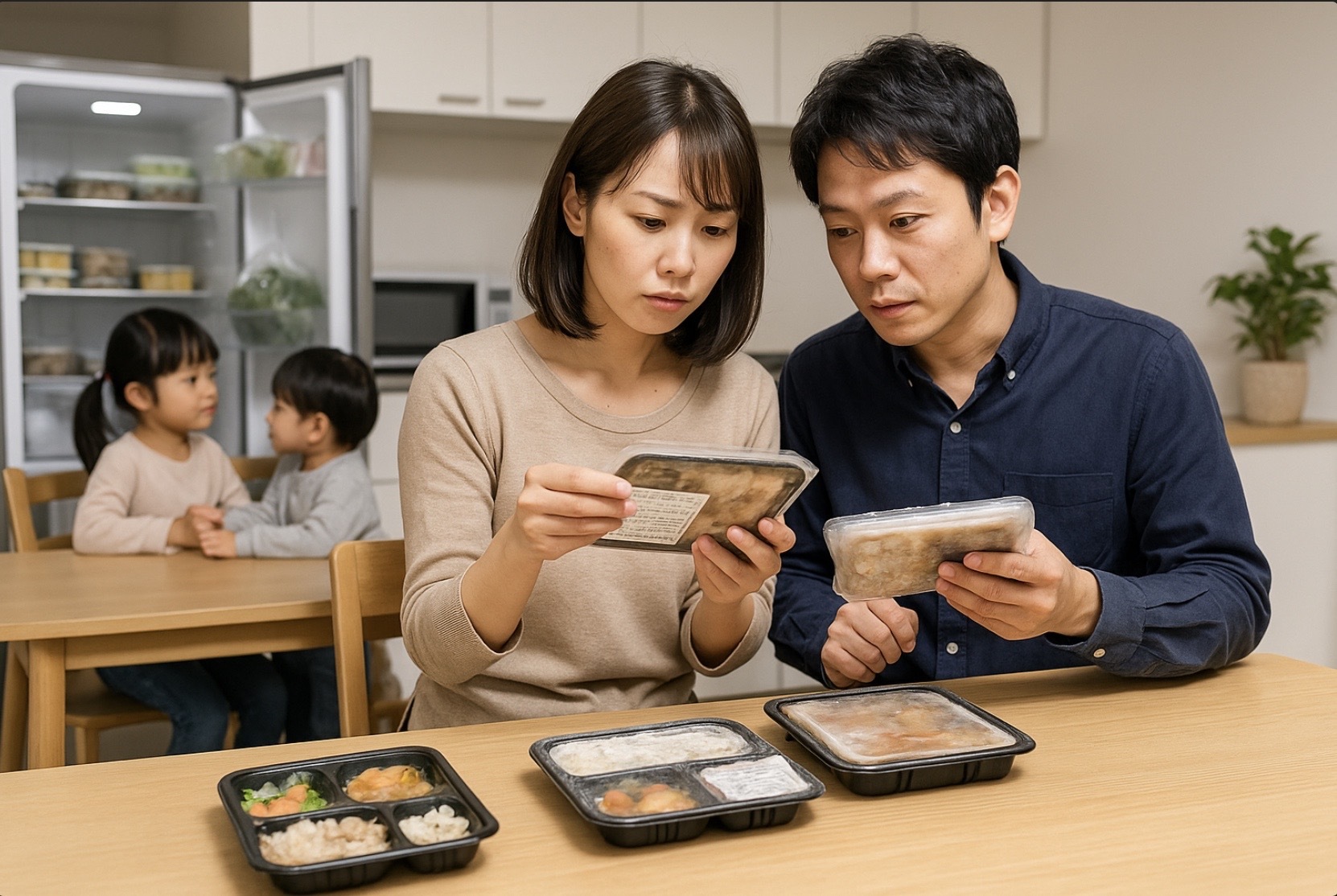日本人の夫婦が冷凍弁当の内容を比較検討し、テーブルに複数のトレーを並べて家族構成に合う量とバリエーションを選ぶ様子