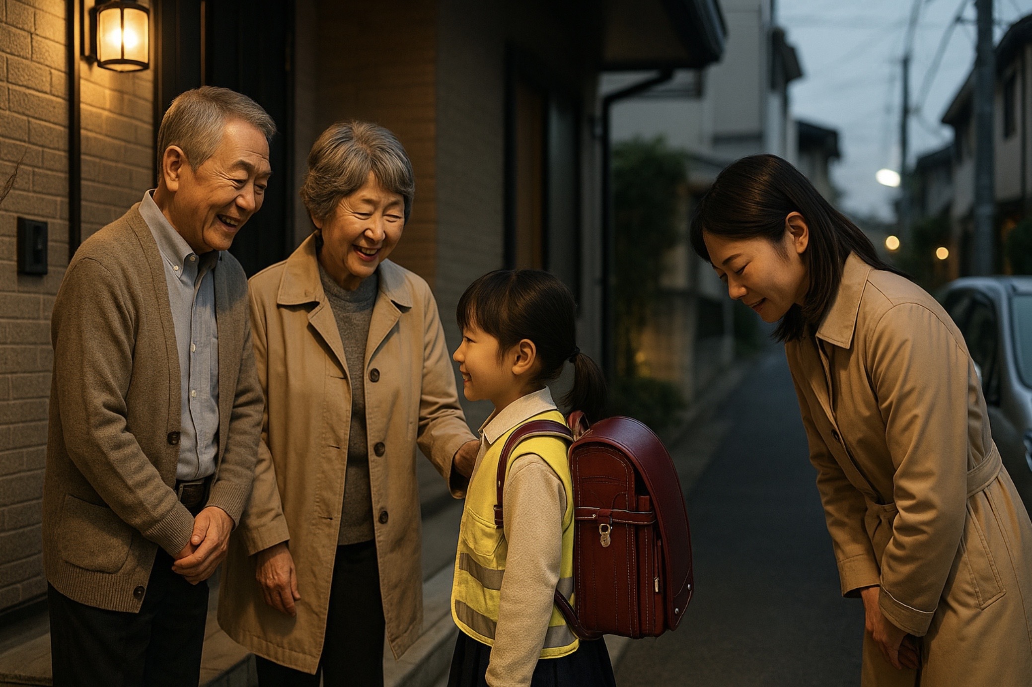 日本の住宅街の玄関先で祖父母が笑顔で小学生を受け取り、母親が丁寧に頭を下げて引き継ぐ様子を捉えた、家族協力による安全な塾送迎を表すイメージ