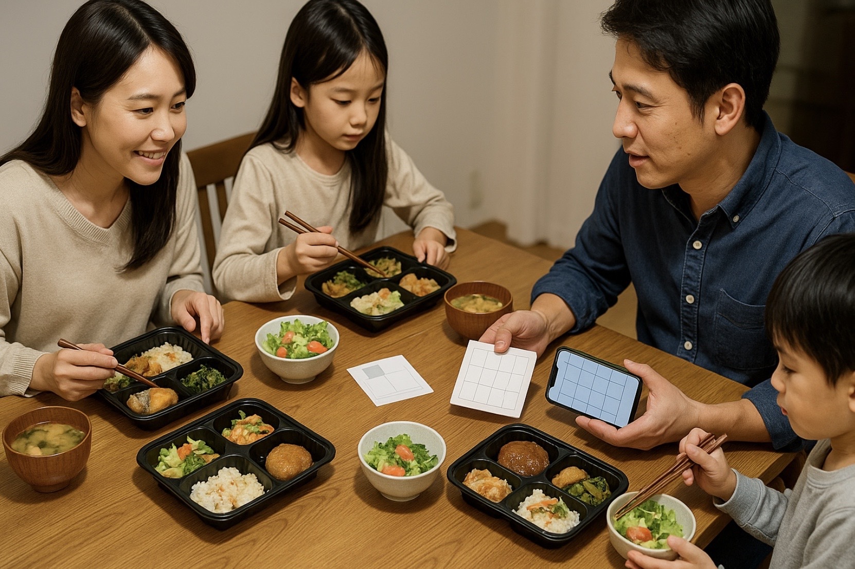 日本人の家族4人が温かい食卓で冷凍弁当とサラダ・味噌汁を組み合わせて夕食をとり、父親がスマホと無地のプランカードで一週間の運用を確認する様子