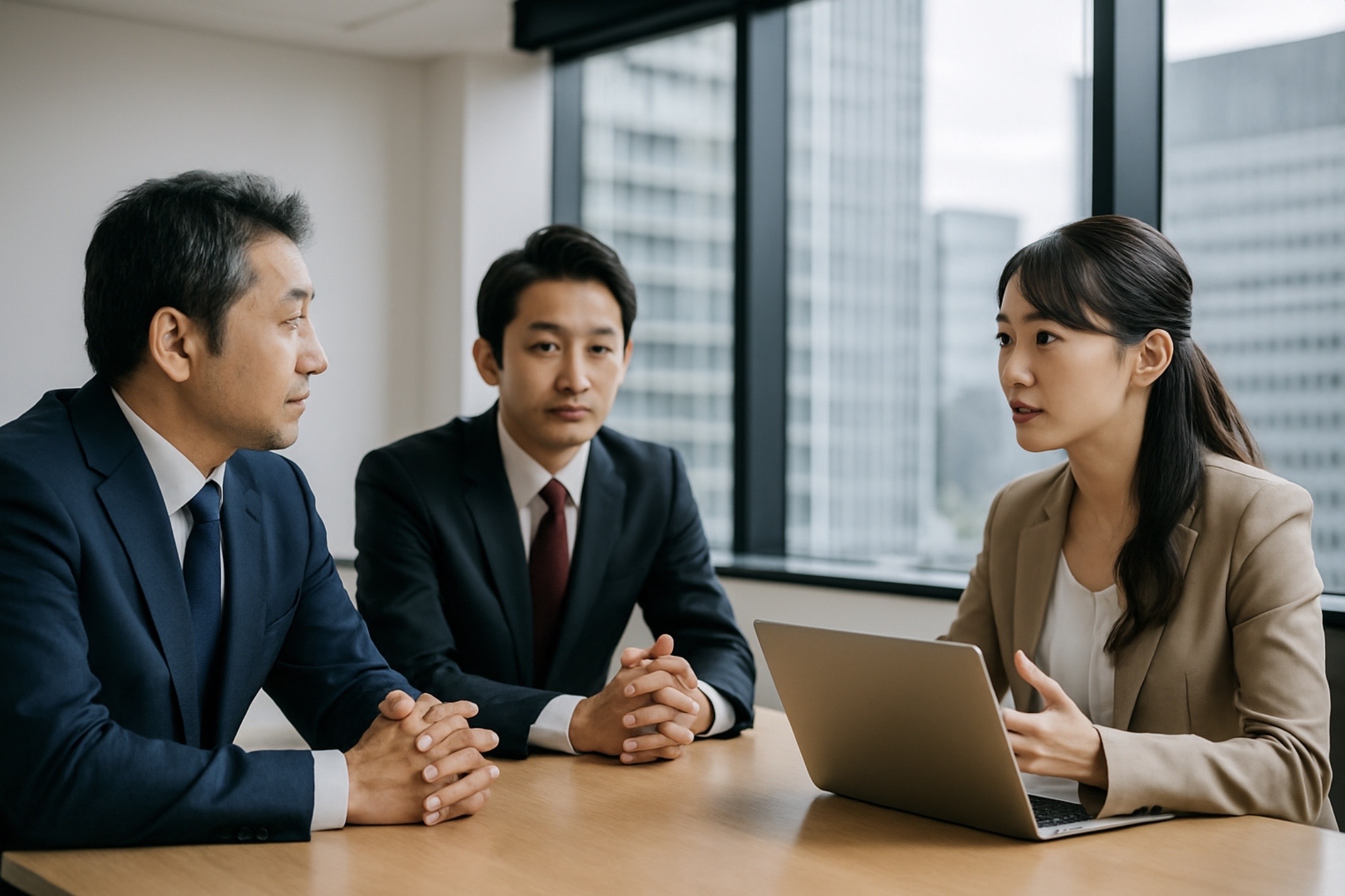 ガラス張りのオフィスで真剣に打ち合わせをする日本人ビジネスパーソン三人の写真 信頼できる運営会社をイメージしたシーン