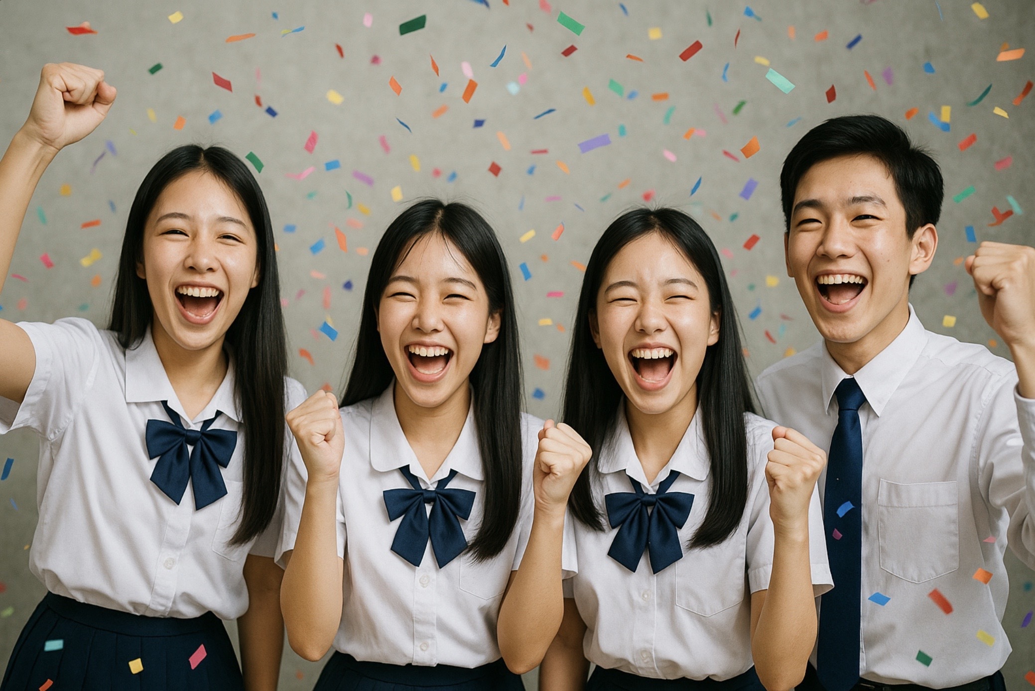 公立中高一貫校合格を象徴する達成感と成功を感じさせる日本の学生の喜びの瞬間