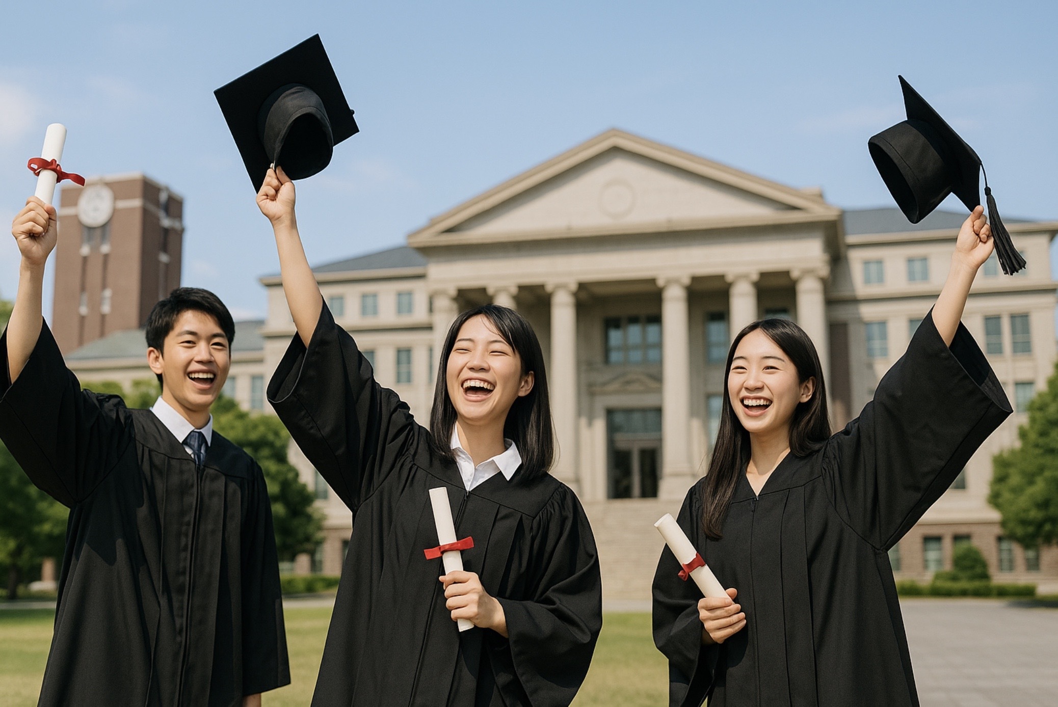 難関国立大学に合格した日本人の大学生がキャンパス前で卒業ガウンを着て喜び合っている様子