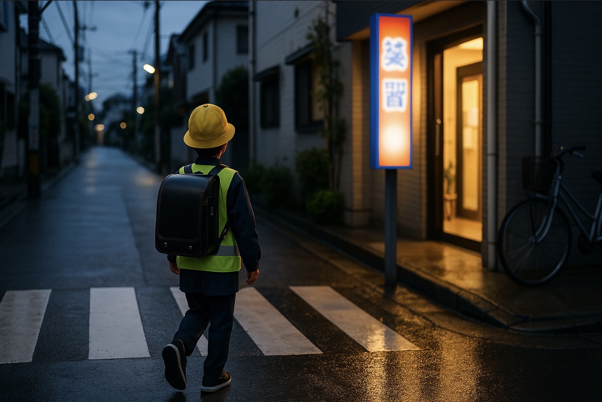 夕暮れの日本の住宅街で、反射ベストと黄色い帽子を着用した小学生がランドセルを背負い、近所の塾の入り口へ安全に歩いて向かう様子を捉えたイメージ