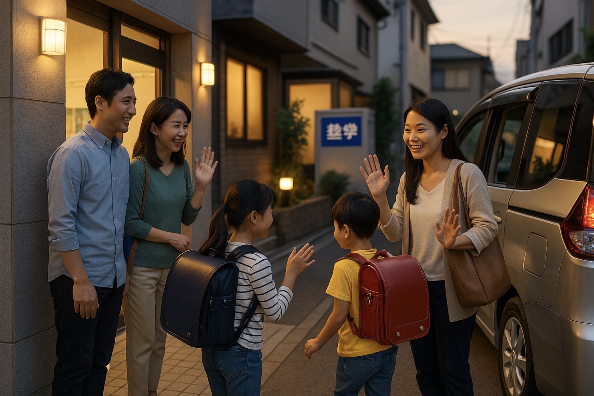 夕暮れの塾前で日本人の保護者同士が笑顔で挨拶を交わし、子どもたちがランドセルを背負ってミニバンに乗り込む様子を捉えた、送迎の分担と安心感を表すイメージ