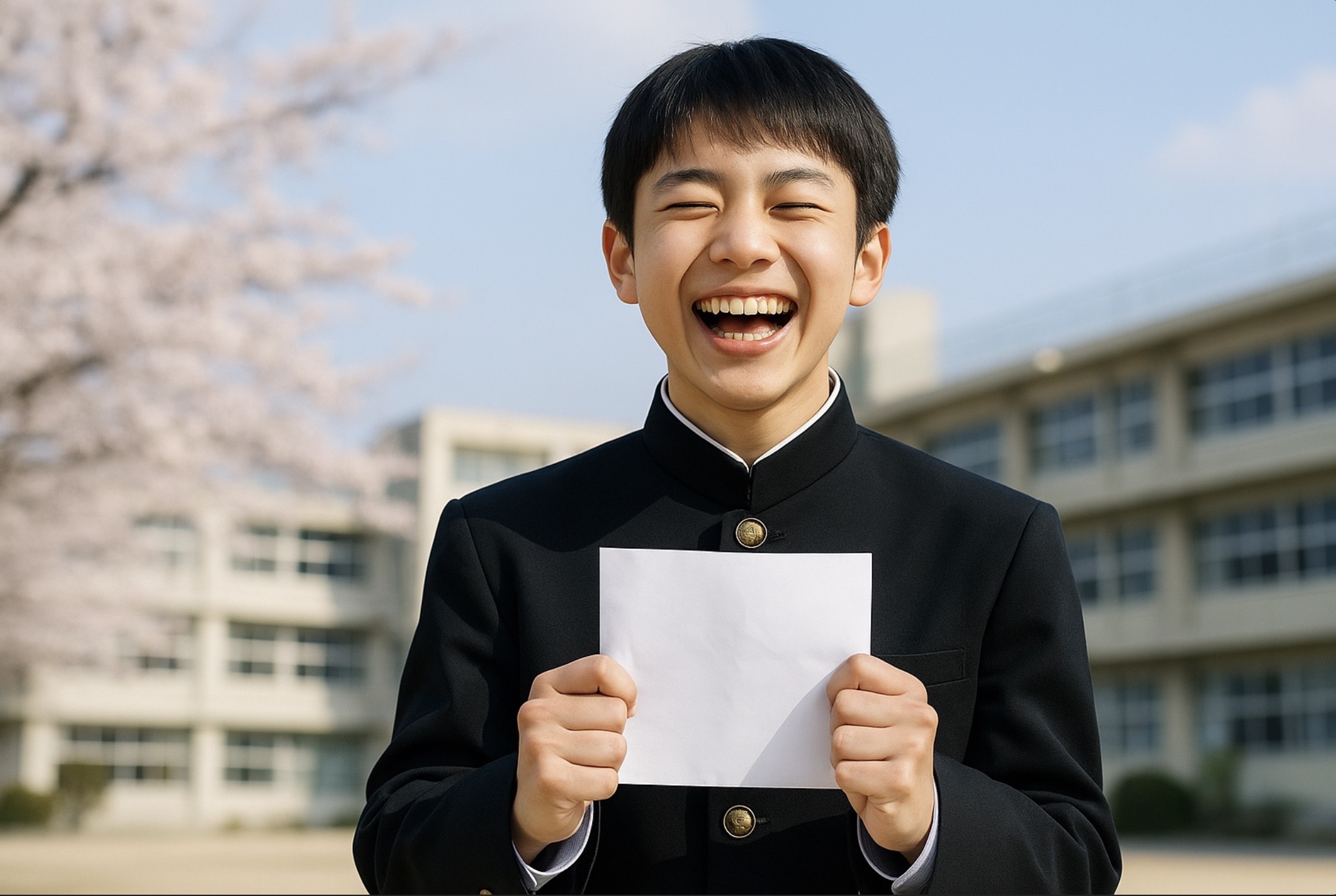 公立中高一貫校の合格を喜ぶ日本人中学生の達成感あふれる春の学校風景