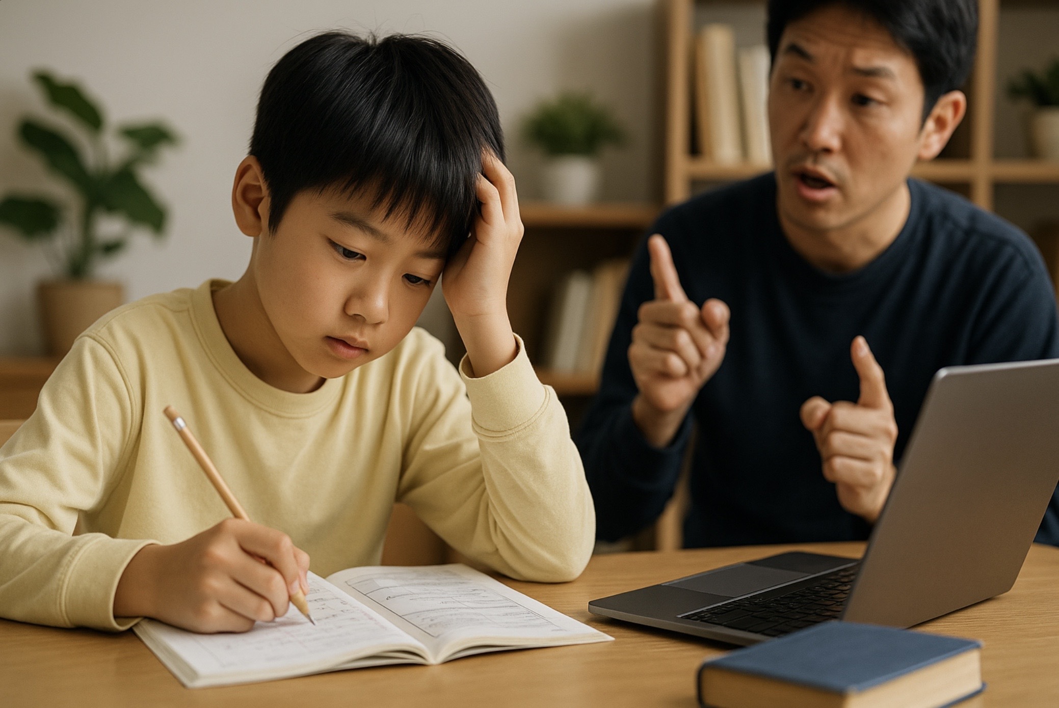 Z会だけで合格を目指すために自律的に学ぶ小学生と家庭での学習サポートの様子