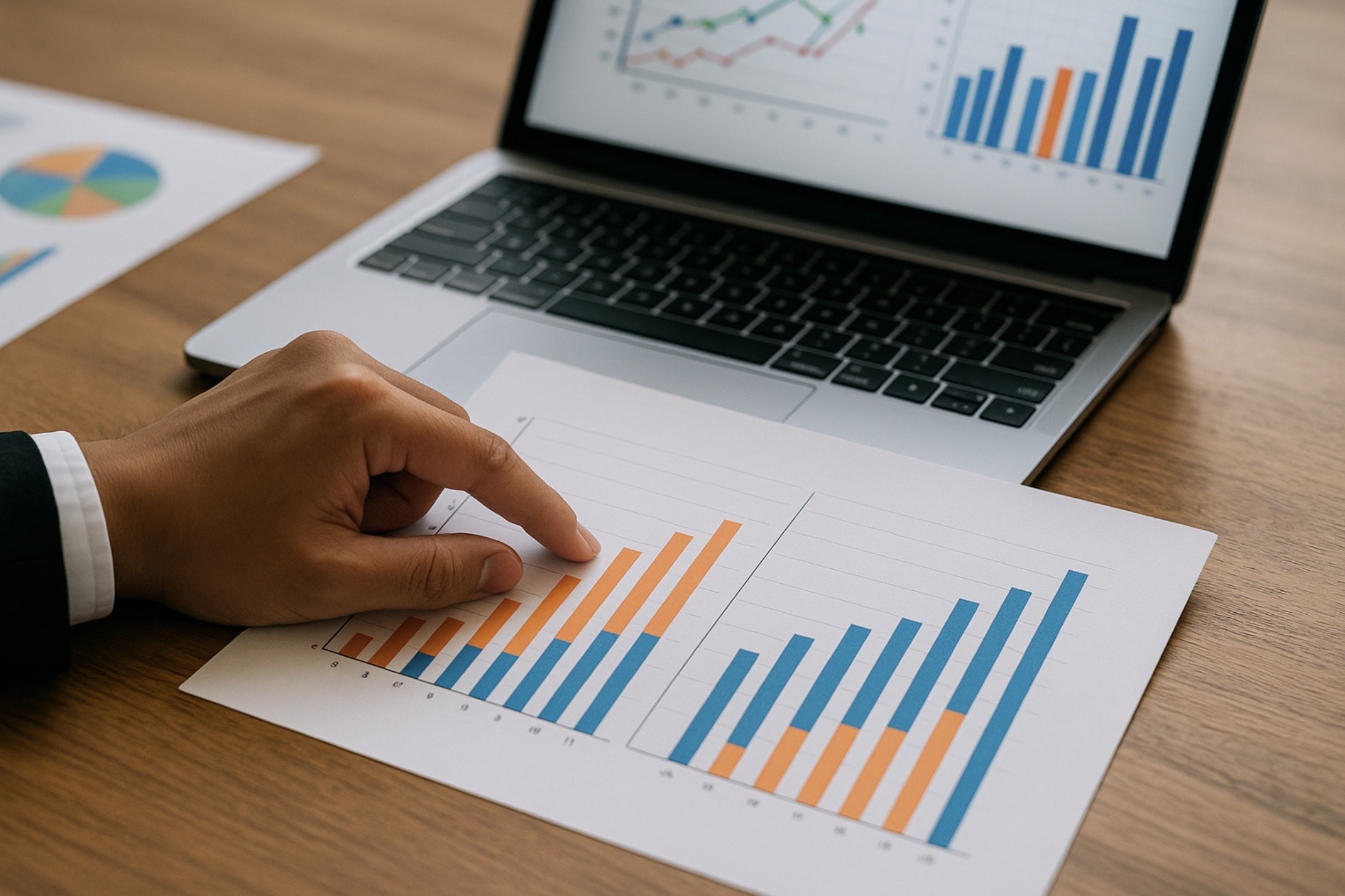 オンライン家庭教師サービスの料金や追加費用を示すグラフに指をさして確認する日本人ビジネスパーソンの手元の写真