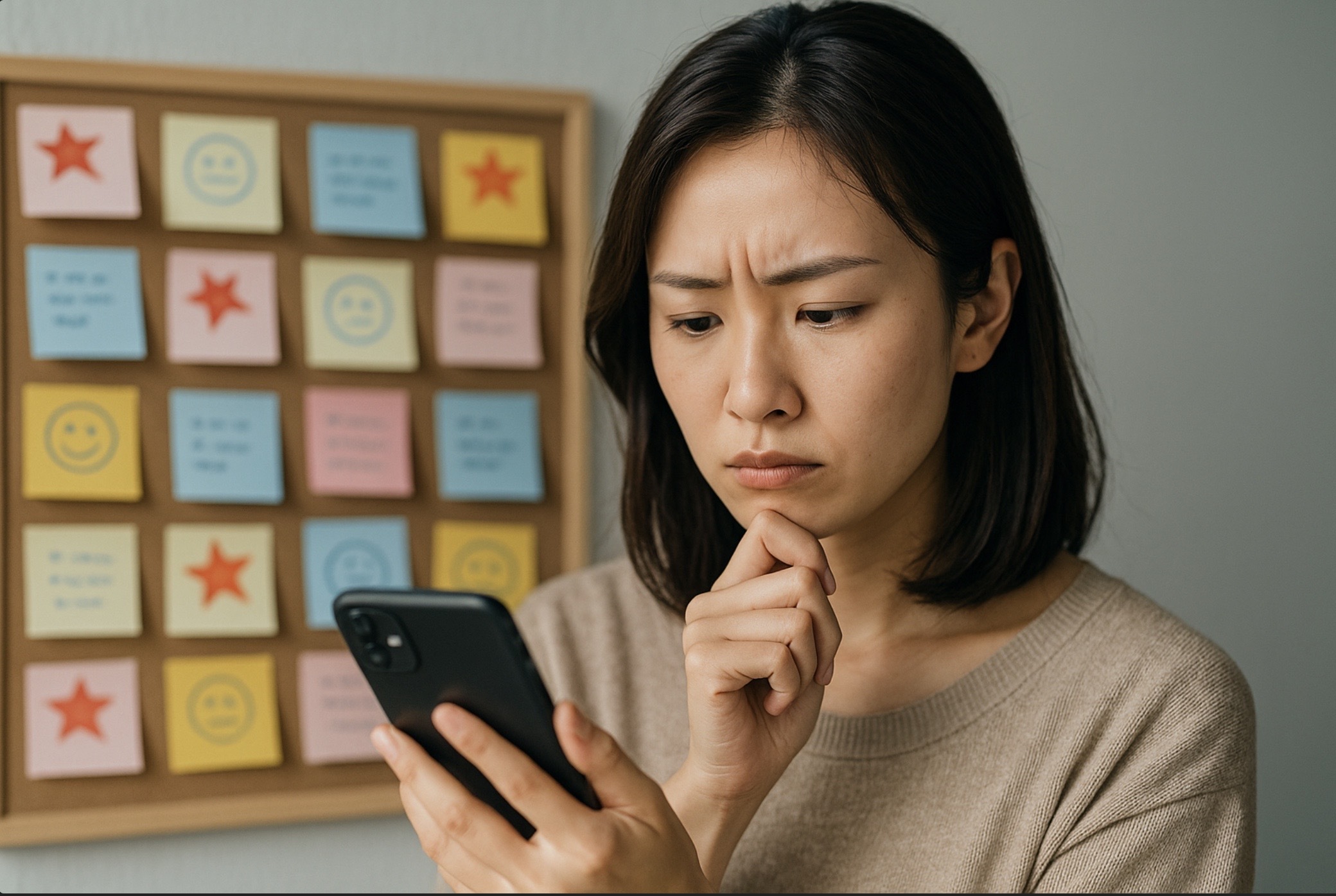 スマートフォンでオンライン家庭教師サービスの悪い口コミを読みながら不安そうな表情を浮かべる日本人女性の写真