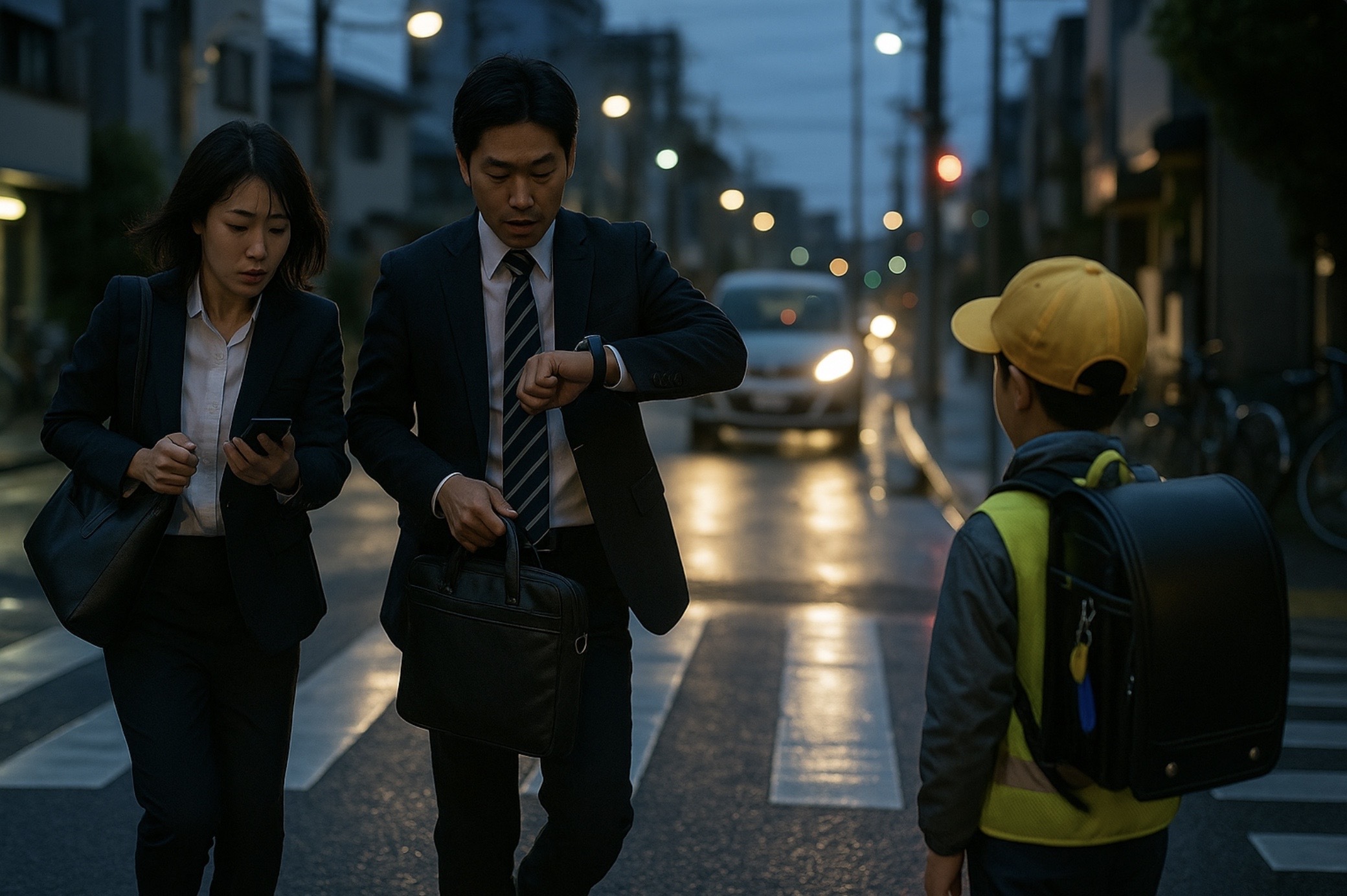 夕方の日本の街で仕事帰りの両親が急ぎ足で歩き、ランドセルを背負った小学生が横断歩道で待つ様子を捉え、時間の重なりと夜道の安全リスクを表現したイメージ