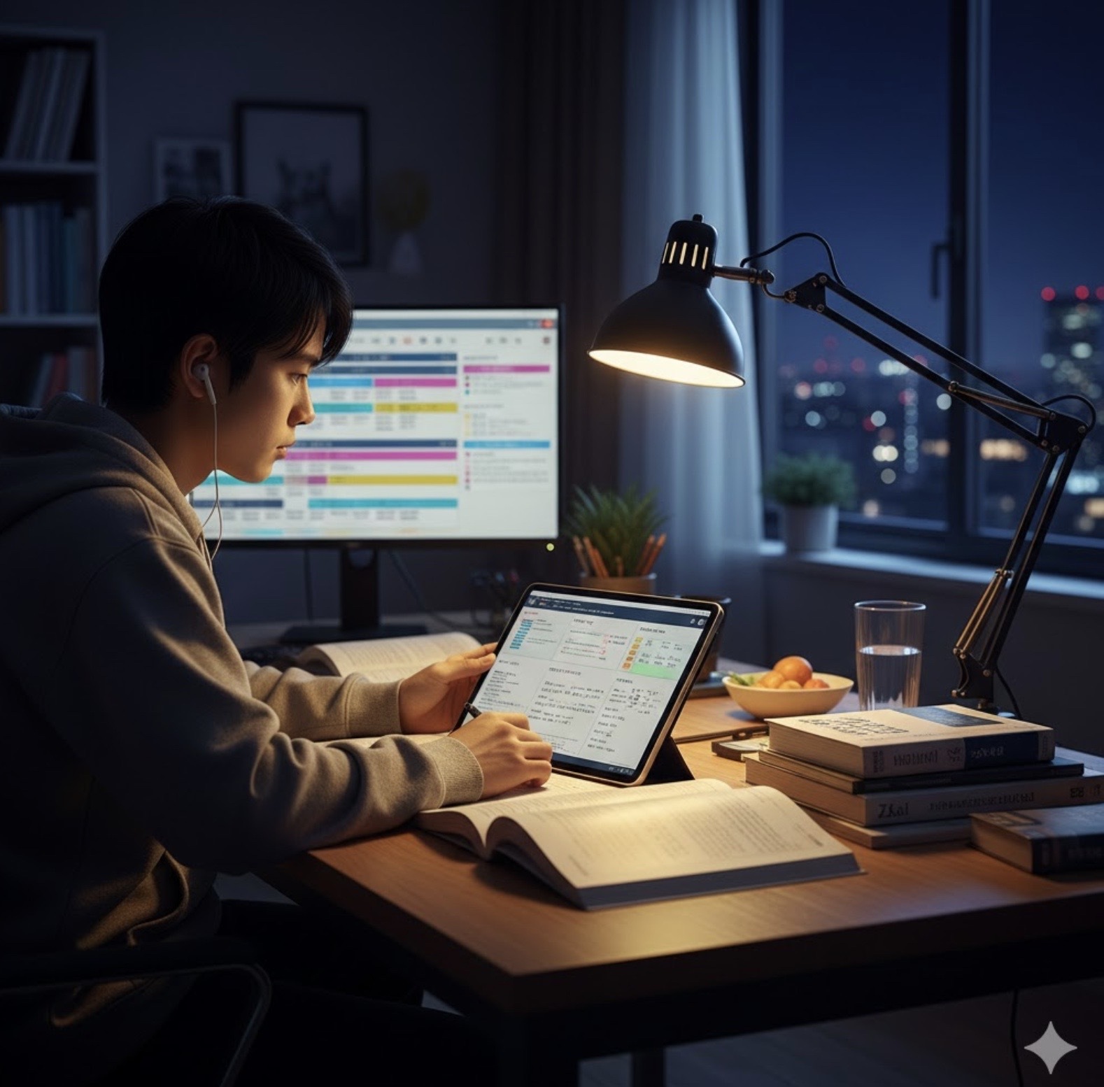 夜、自室の机で、日本の男子高校生がイヤホンをしながらタブレットとPCを併用してZ会の教材で自律学習している。机上にはZ会のテキストや参考書が並び、集中して取り組む姿