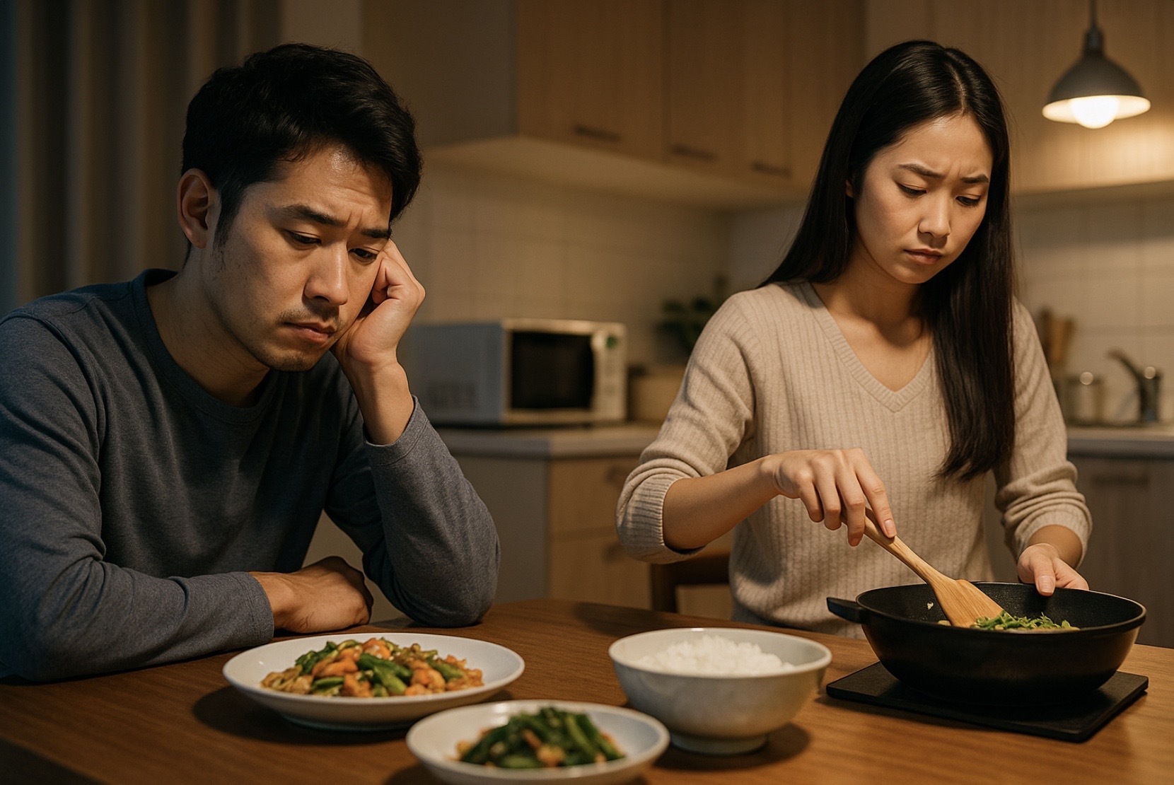 仕事終わりの日本人夫婦がキッチンで疲れた表情を見せる様子。家事負担と罪悪感のイメージ