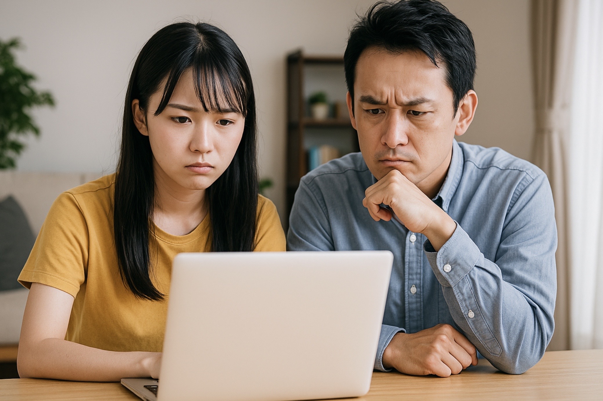 オンライン塾の評判や口コミをノートパソコンで読みながら不安そうな表情を見せる日本人の親子