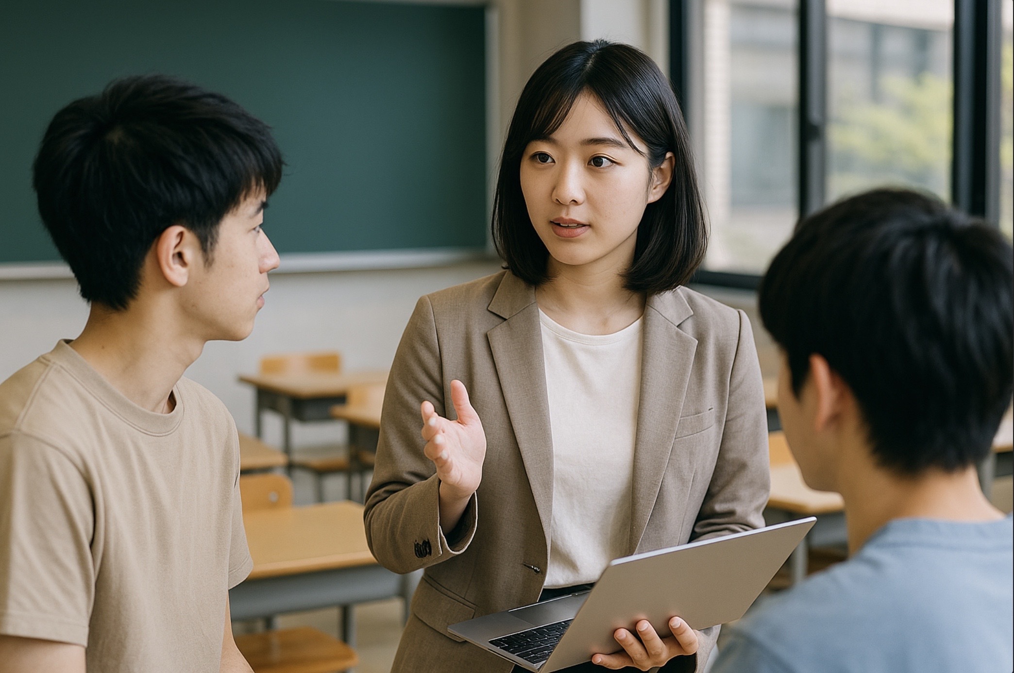 医学部受験対策として日本人講師が複数の生徒に理系科目を指導している教室の場面