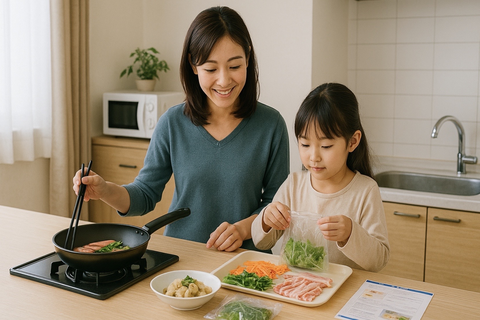 明るいキッチンで日本人の母娘が宅食を使って調理を進める様子。下ごしらえ済みの食材と家電が揃い、時短・栄養・負担軽減を示すシーン