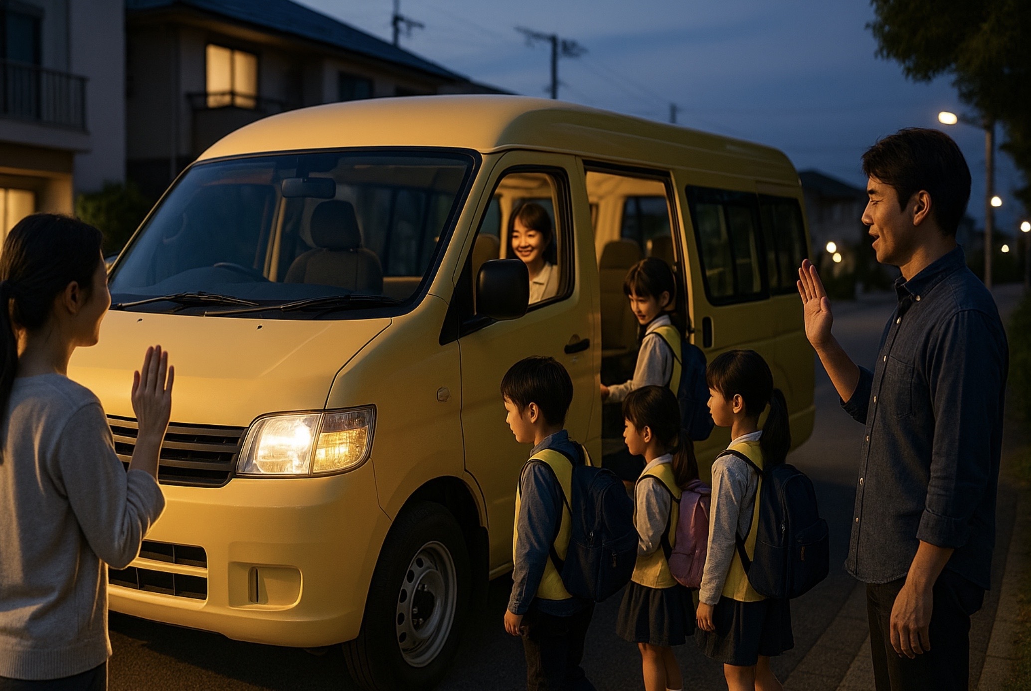 夕暮れの日本の住宅街で黄色いミニバスが停車し、反射ベストを着た小学生たちが順番に乗車し、保護者が見守る安全な送迎シーンを描いたイメージ
