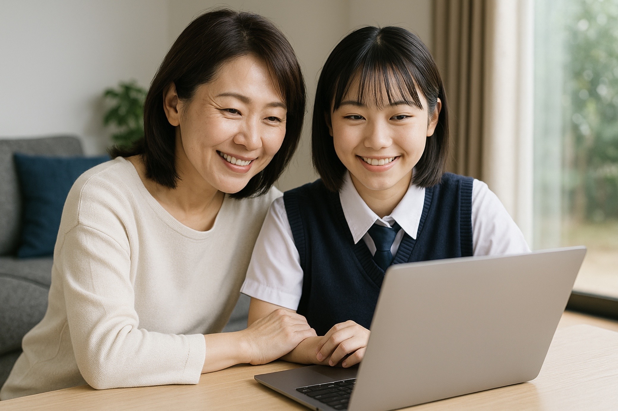 オンライン学習サービスに満足してノートパソコン画面を一緒に見つめる日本人の母娘の写真