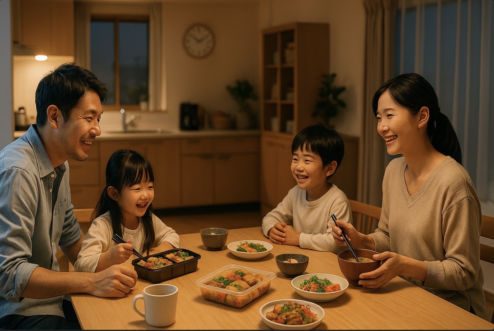 共働きの日本人家庭が温かい照明のダイニングで夕食を囲み、笑顔で会話する様子。家庭の食卓と団らんのイメージ